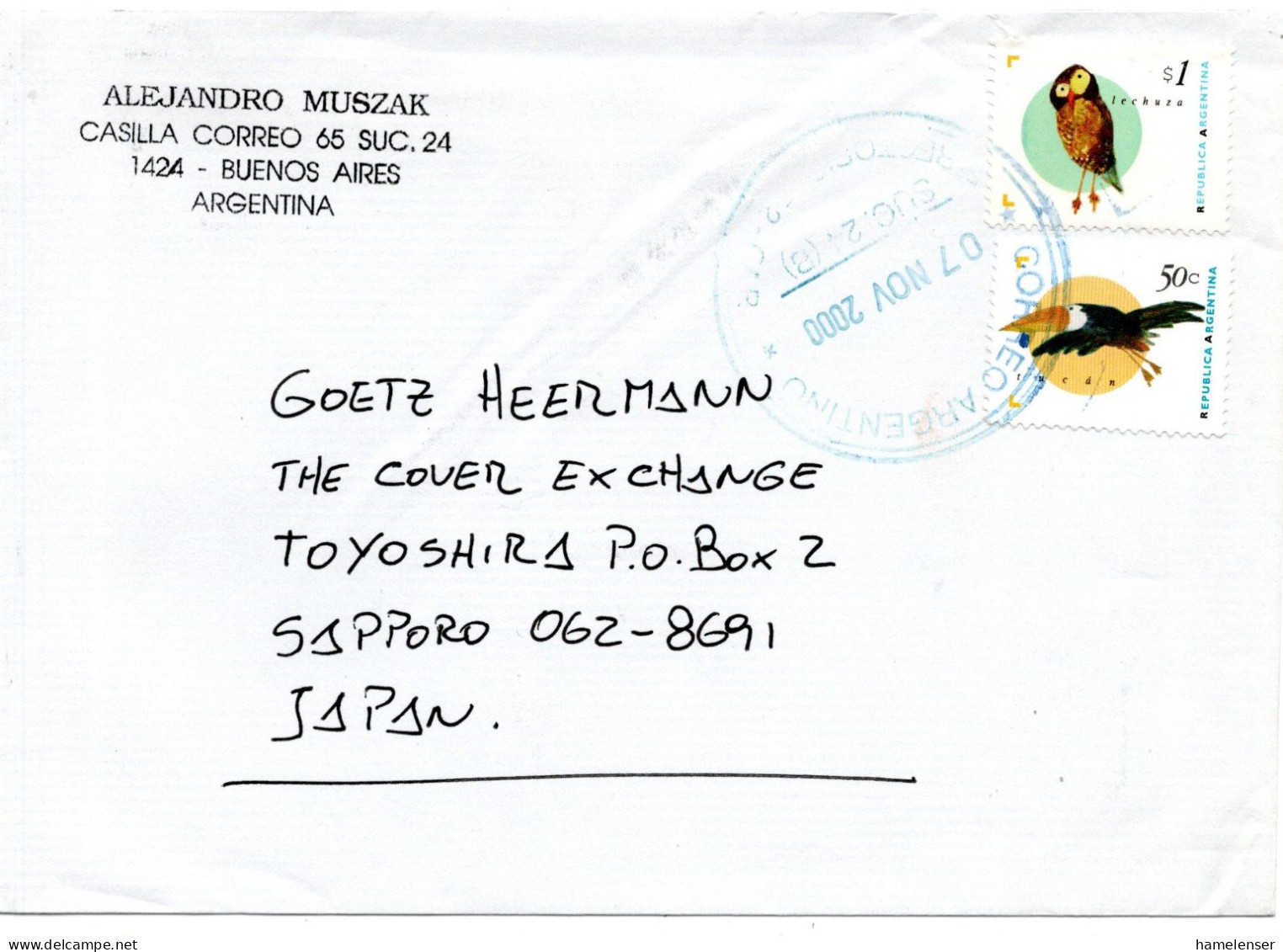 68193 - Argentinien - 2000 - $1 Eule MiF A Bf ... -> Japan - Cartas & Documentos