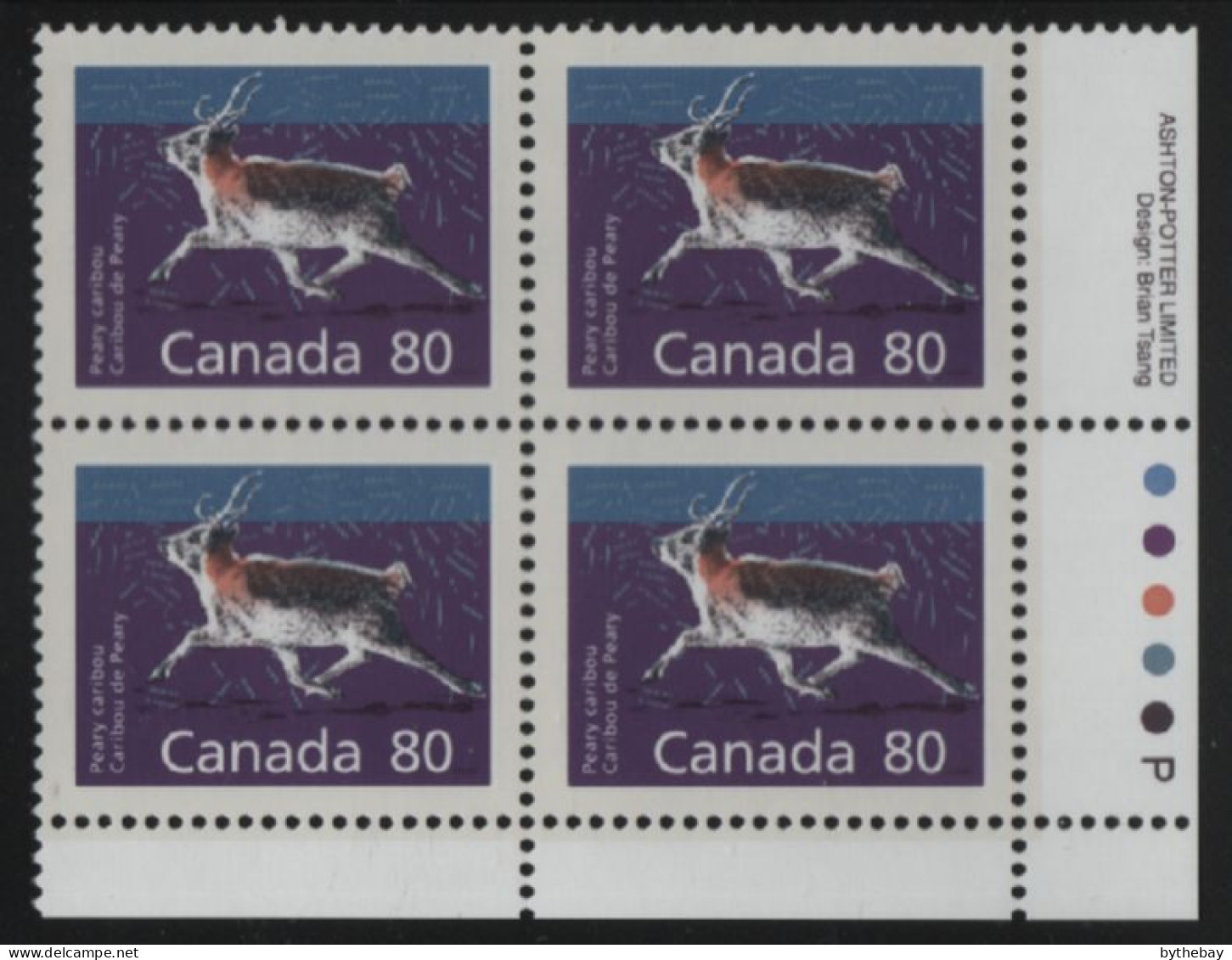 Canada 1988-92 MNH Sc 1180 Peary Caribou LR Plate Block - Plattennummern & Inschriften