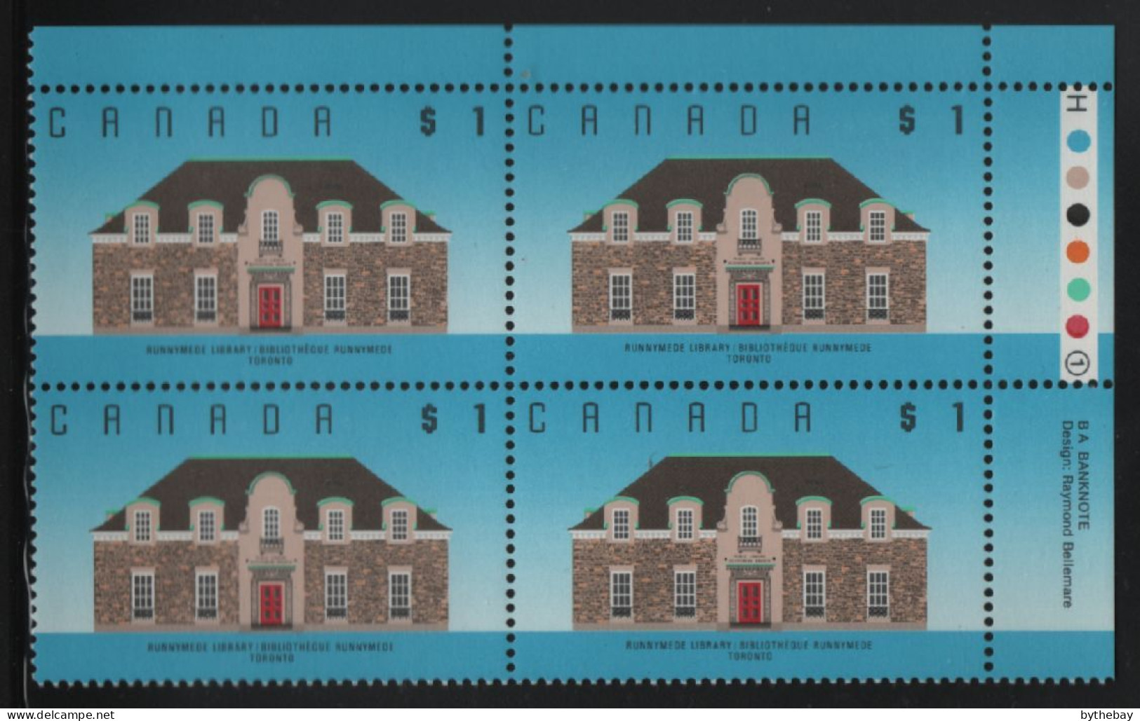 Canada 1988-92 MNH Sc 1181 $1 Runnymede Library UR Plate Block - Plate Number & Inscriptions