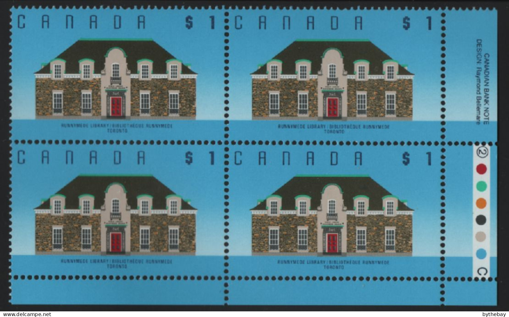 Canada 1988-92 MNH Sc 1181ii $1 Runnymede Library LR Plate Block - Num. Planches & Inscriptions Marge