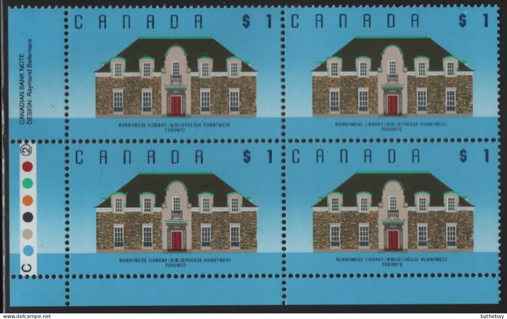 Canada 1988-92 MNH Sc 1181ii $1 Runnymede Library LL Plate Block - Plate Number & Inscriptions