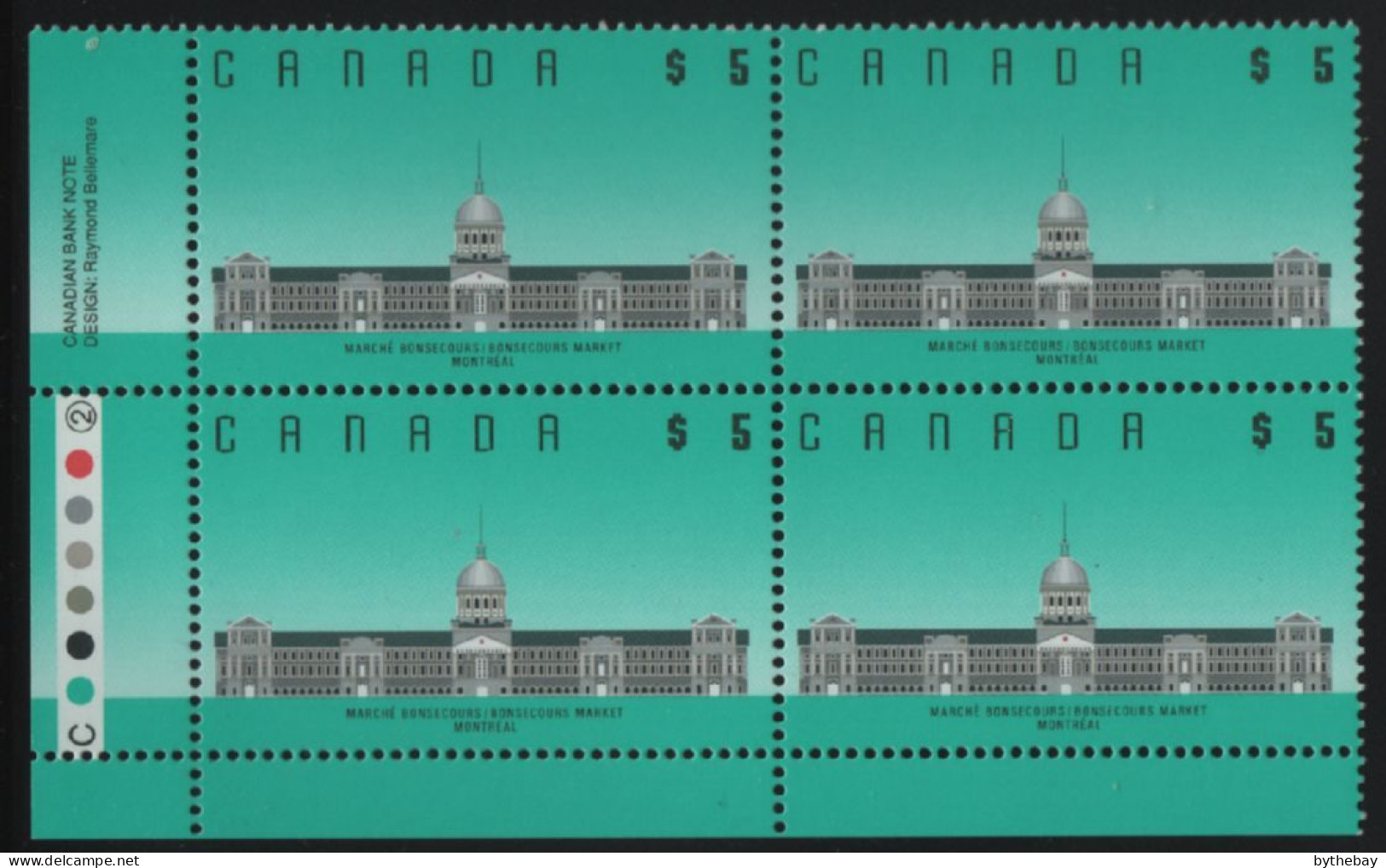 Canada 1988-92 MNH Sc 1183i $5 Bonsecours Market LL Plate Block - Plate Number & Inscriptions