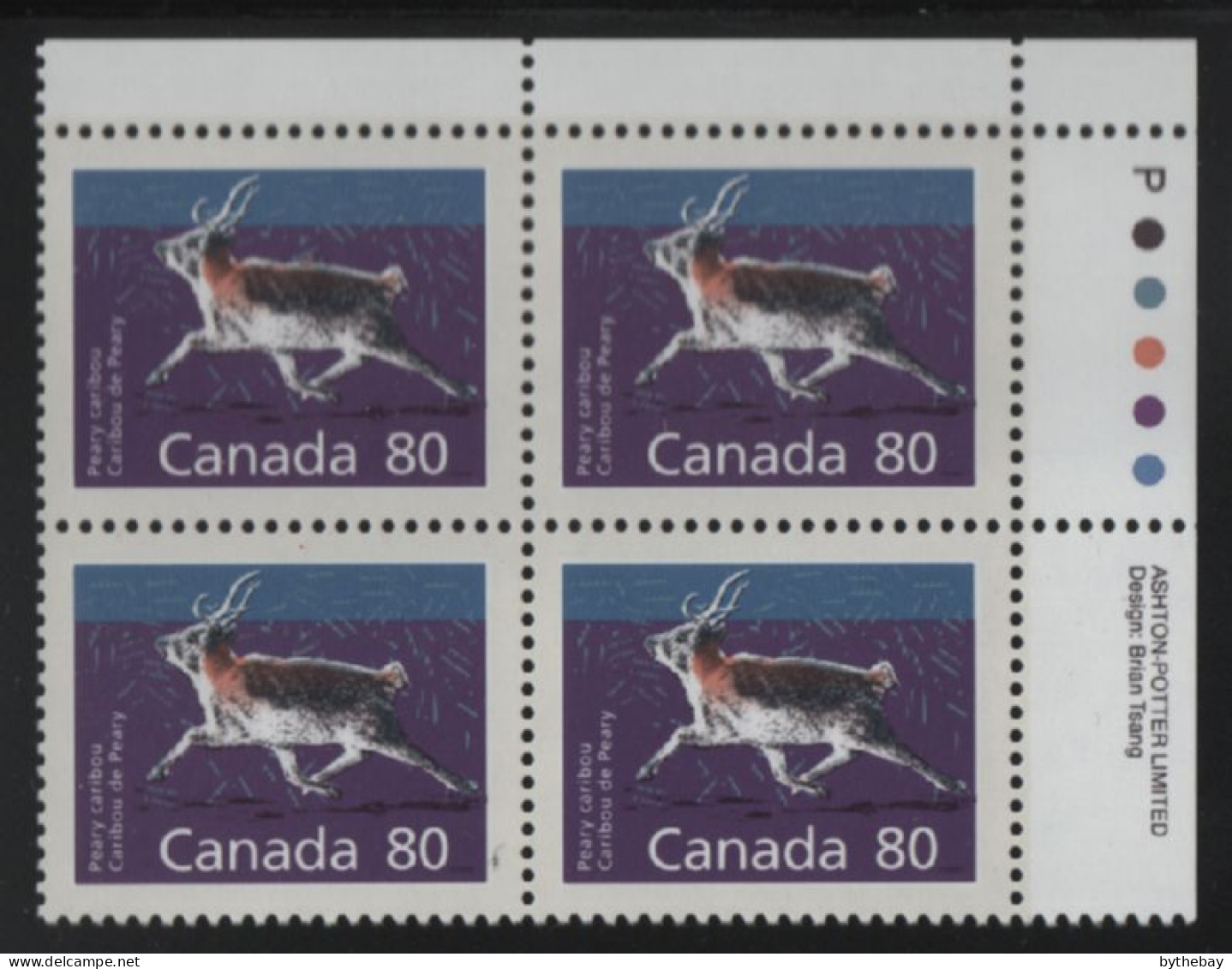 Canada 1988-92 MNH Sc 1180 Peary Caribou UR Plate Block - Plate Number & Inscriptions