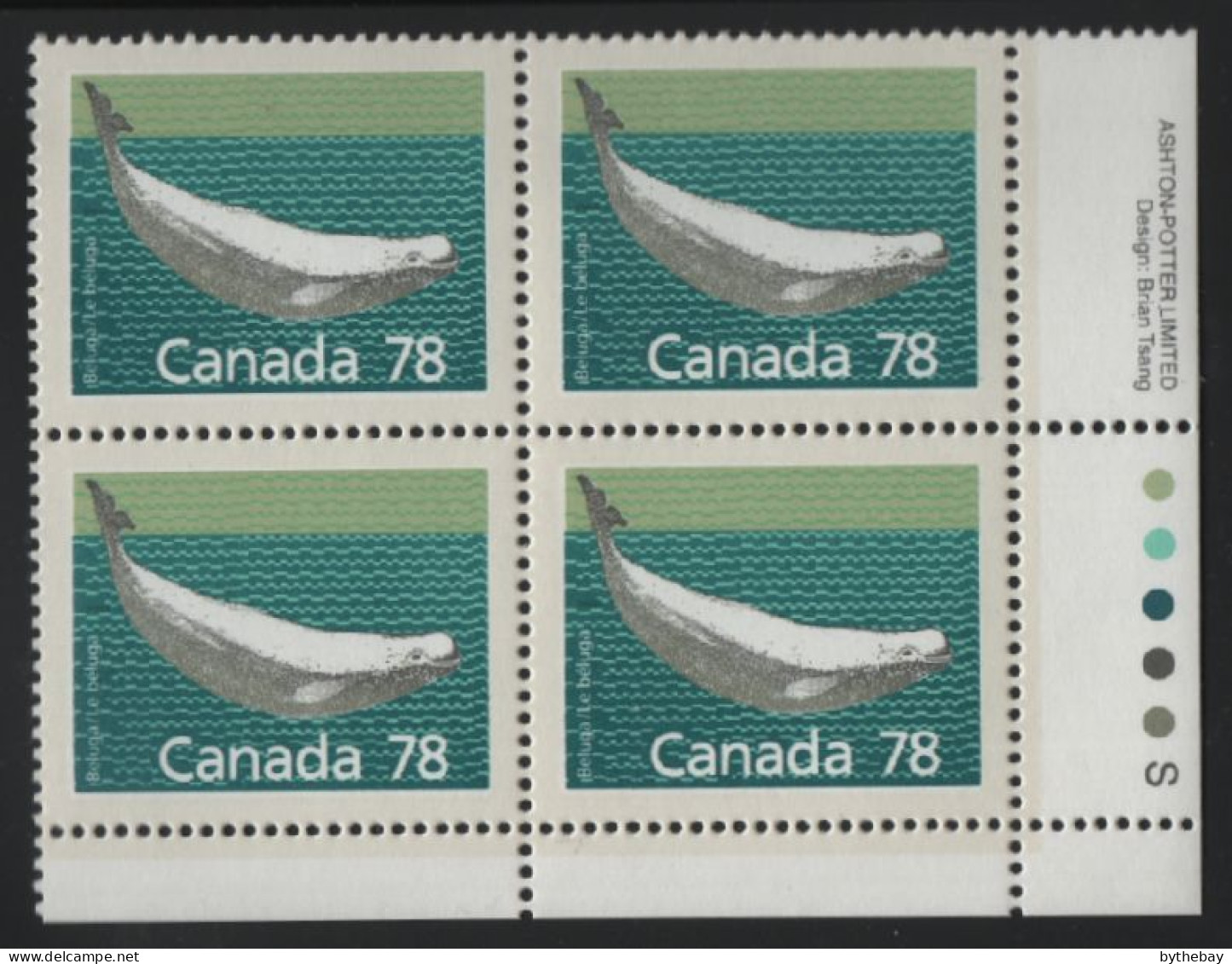 Canada 1988-92 MNH Sc 1179 78c Beluga Whale LR Plate Block - Plattennummern & Inschriften