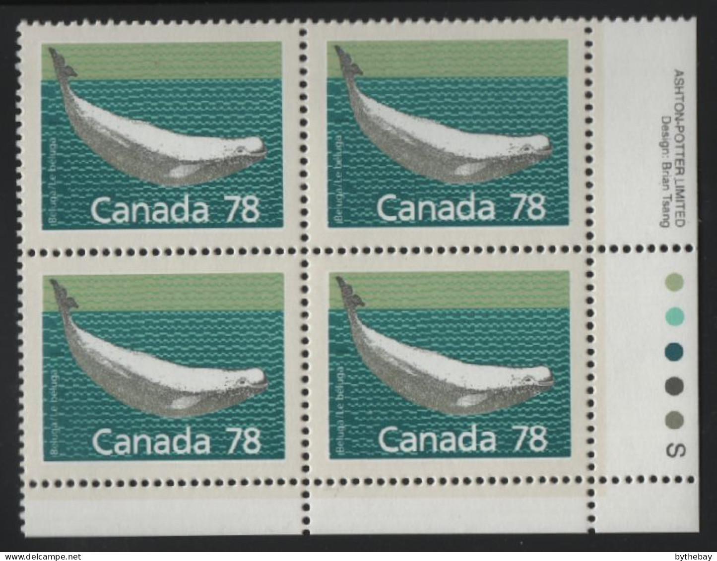 Canada 1988-92 MNH Sc 1179 78c Beluga Whale LR Plate Block - Plate Number & Inscriptions
