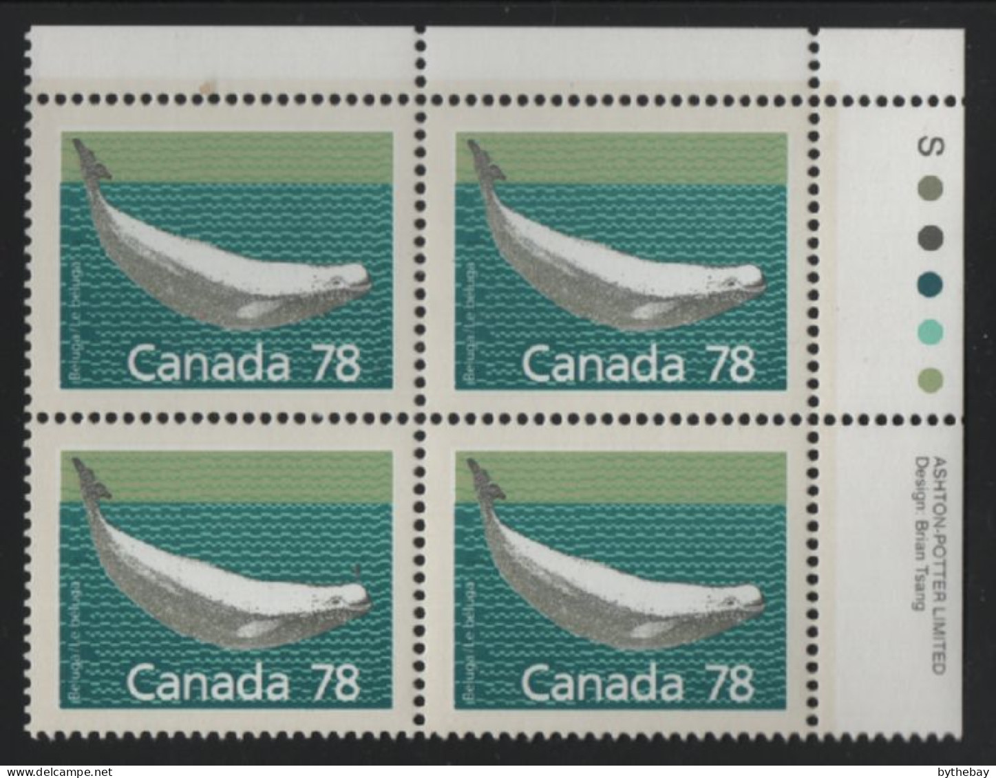 Canada 1988-92 MNH Sc 1179 78c Beluga Whale UR Plate Block - Plate Number & Inscriptions