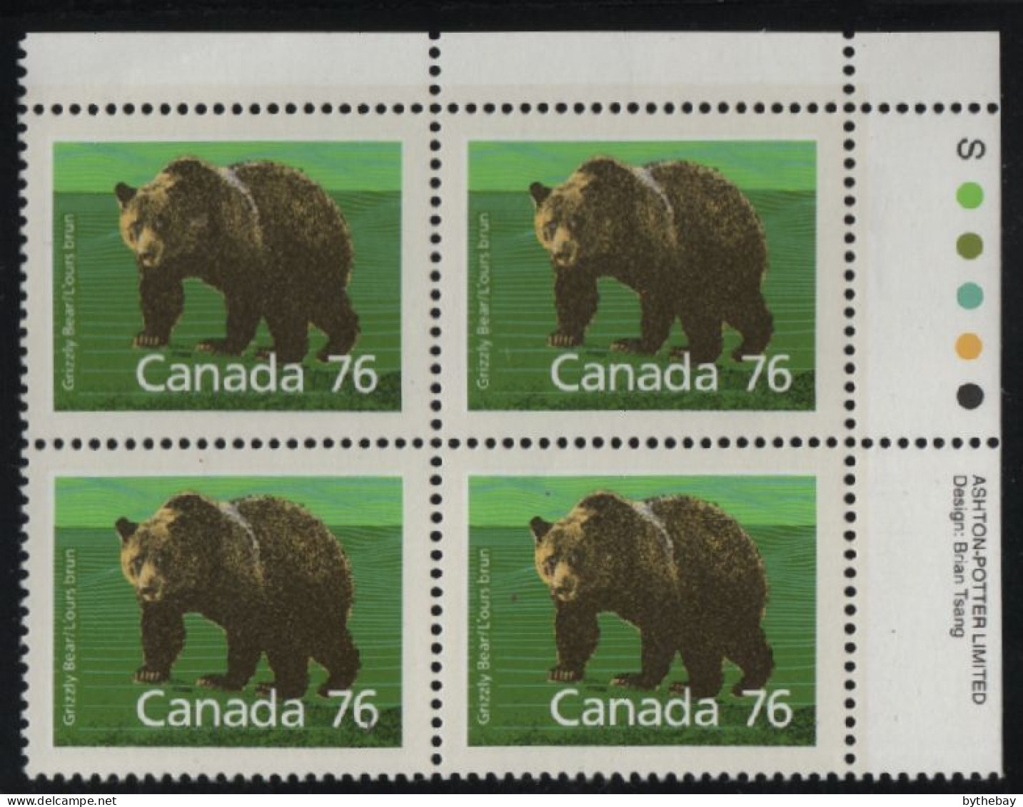 Canada 1988-92 MNH Sc 1178i 76c Grizzly Bear UR Plate Block - Plate Number & Inscriptions