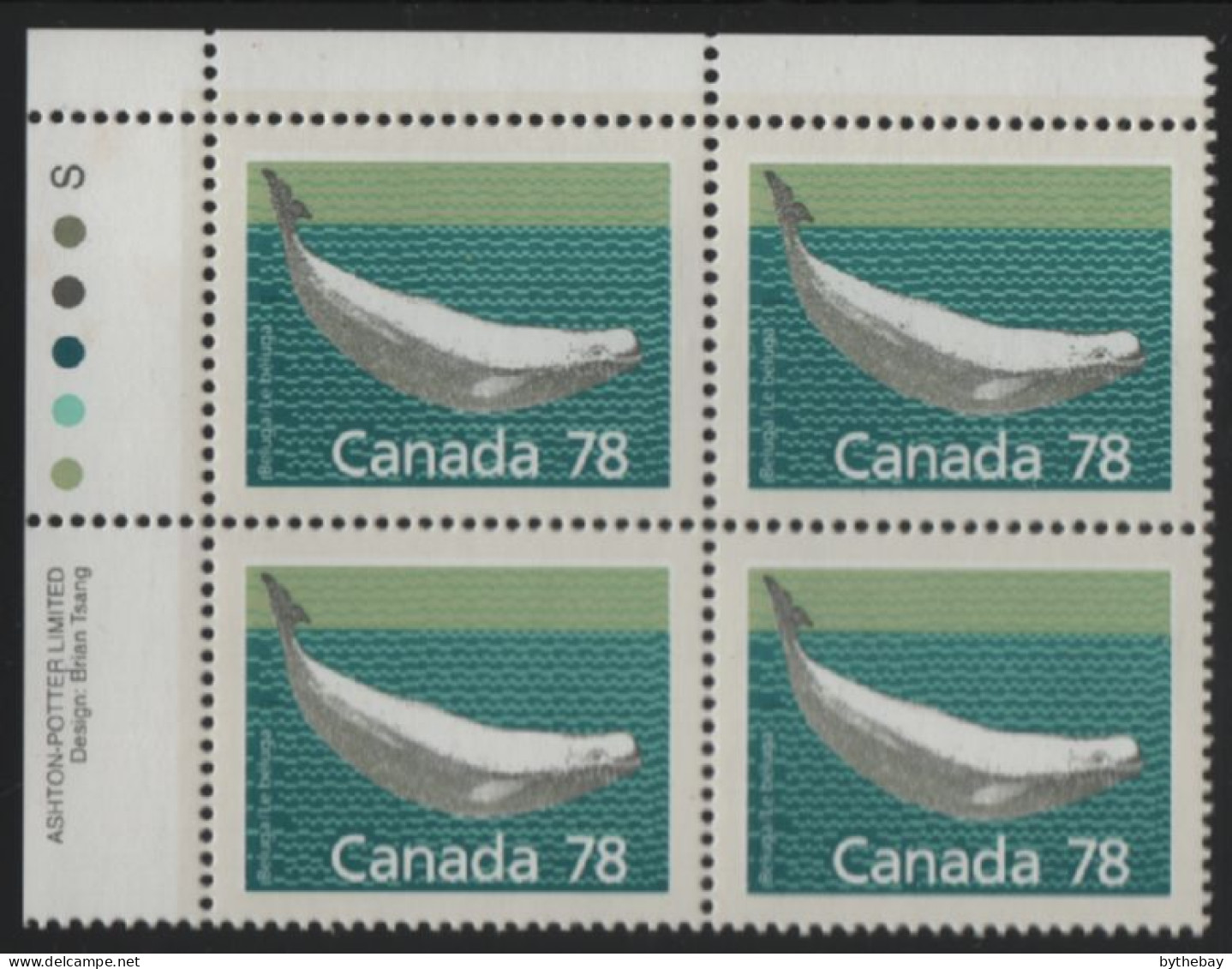 Canada 1988-92 MNH Sc 1179 78c Beluga Whale UL Plate Block - Plate Number & Inscriptions