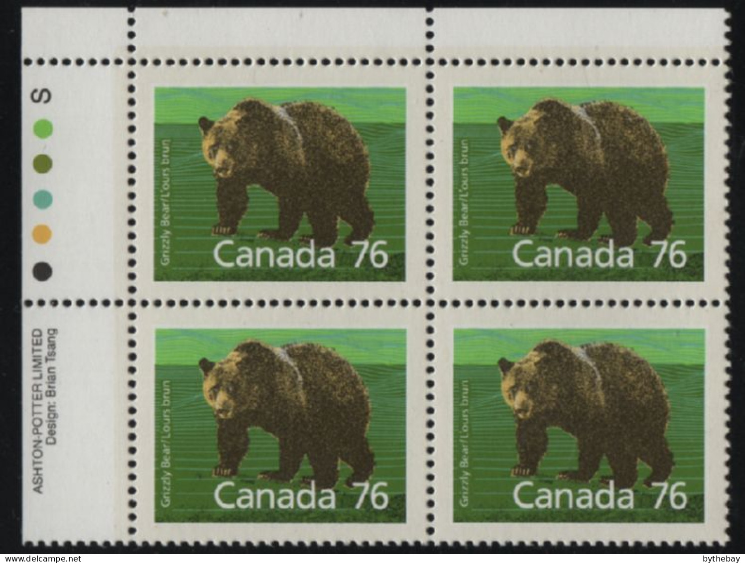 Canada 1988-92 MNH Sc 1178i 76c Grizzly Bear UL Plate Block - Plate Number & Inscriptions