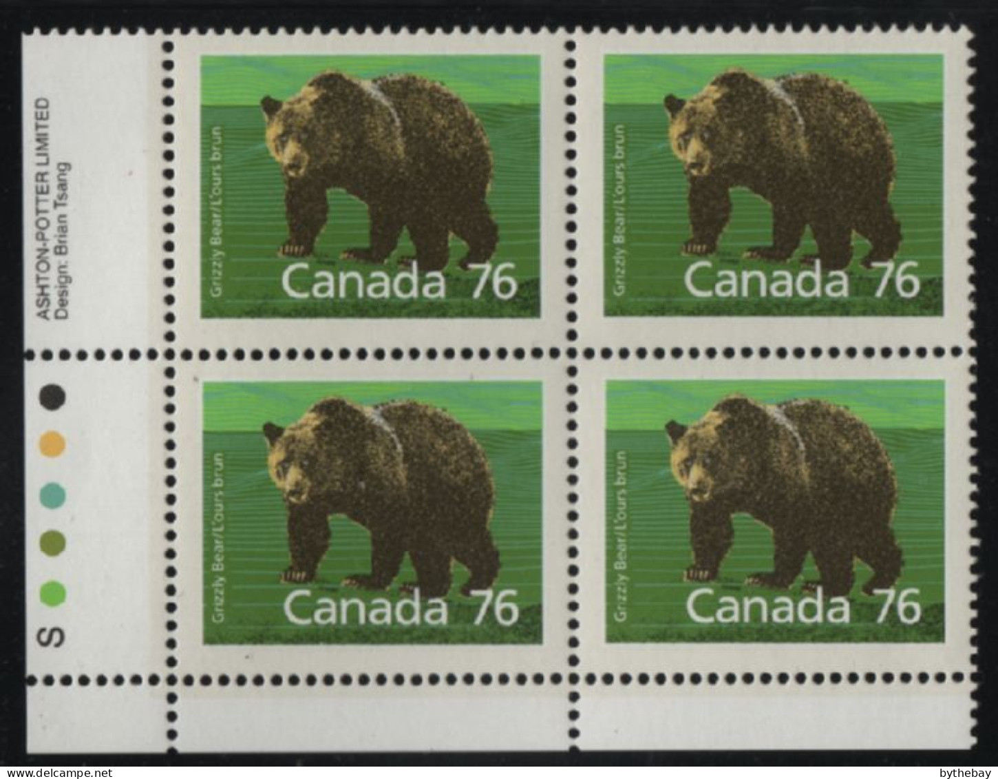 Canada 1988-92 MNH Sc 1178i 76c Grizzly Bear LL Plate Block - Plate Number & Inscriptions