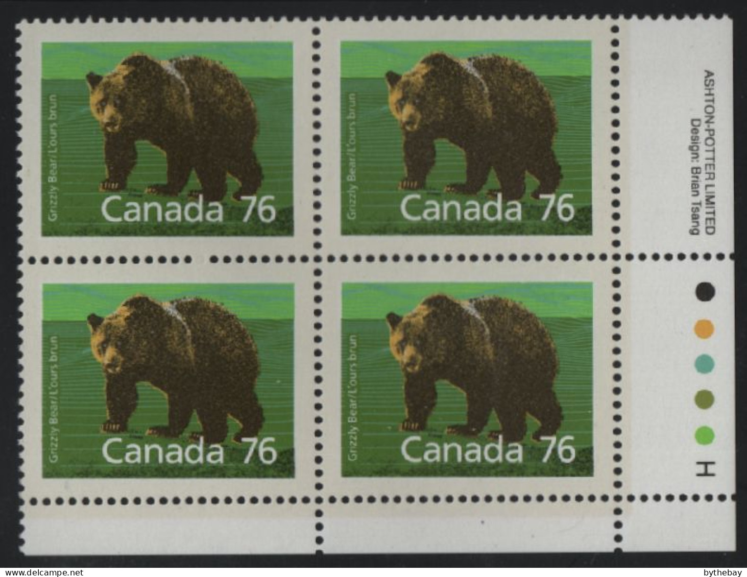 Canada 1988-92 MNH Sc 1178 76c Grizzly Bear LR Plate Block - Plattennummern & Inschriften