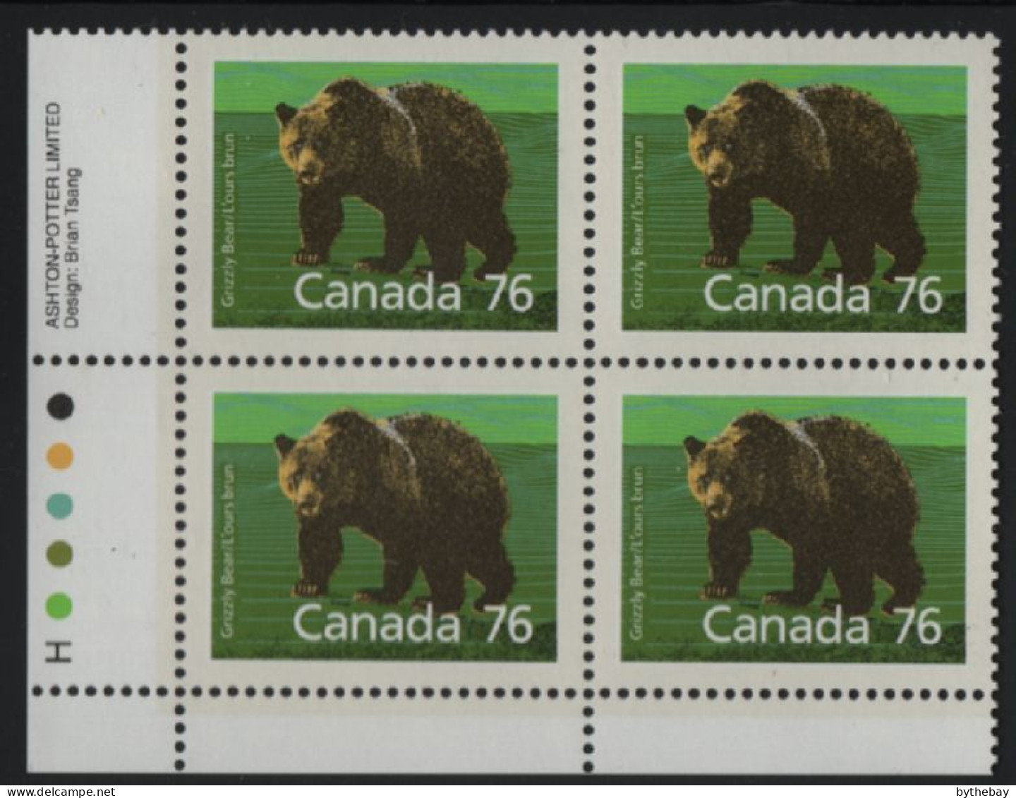 Canada 1988-92 MNH Sc 1178 76c Grizzly Bear LL Plate Block - Plate Number & Inscriptions