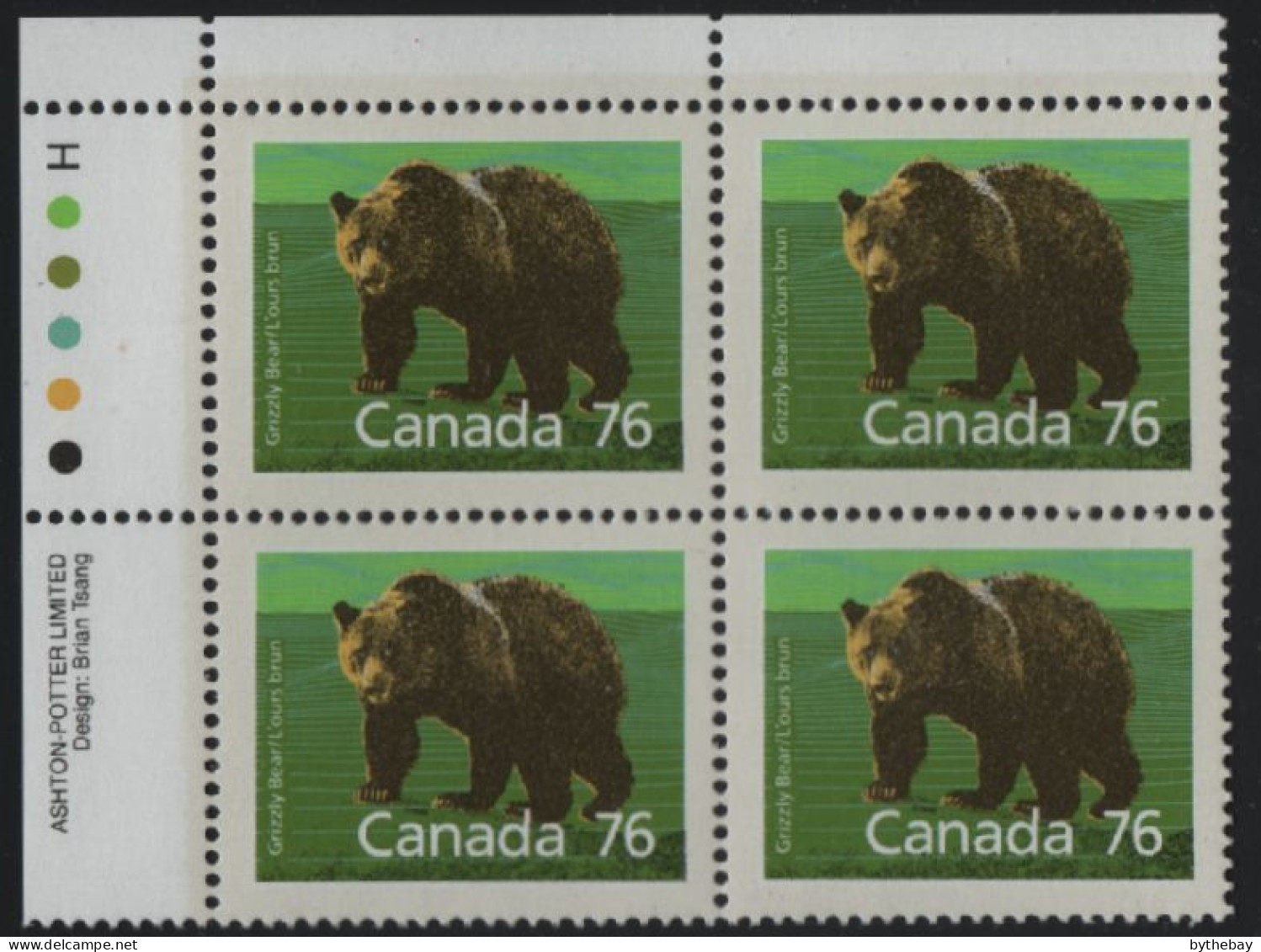 Canada 1988-92 MNH Sc 1178 76c Grizzly Bear UL Plate Block - Plate Number & Inscriptions