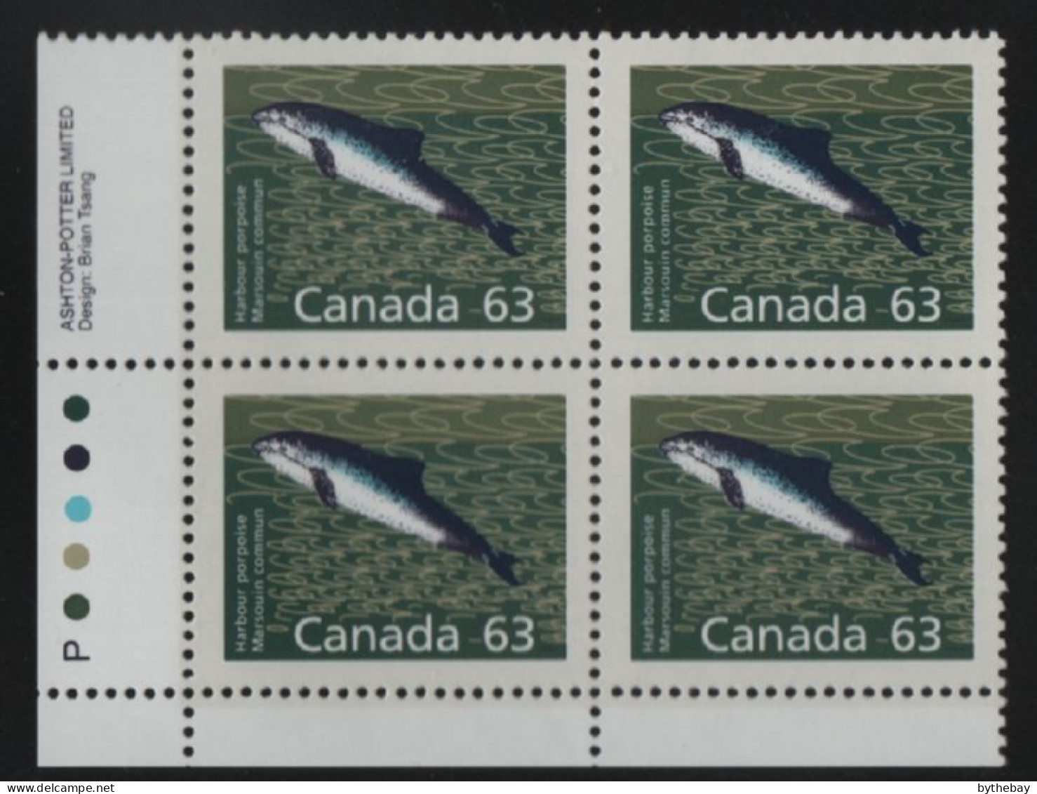 Canada 1988-92 MNH Sc 1176a 63c Harbour Porpoise LL Plate Block - Plattennummern & Inschriften