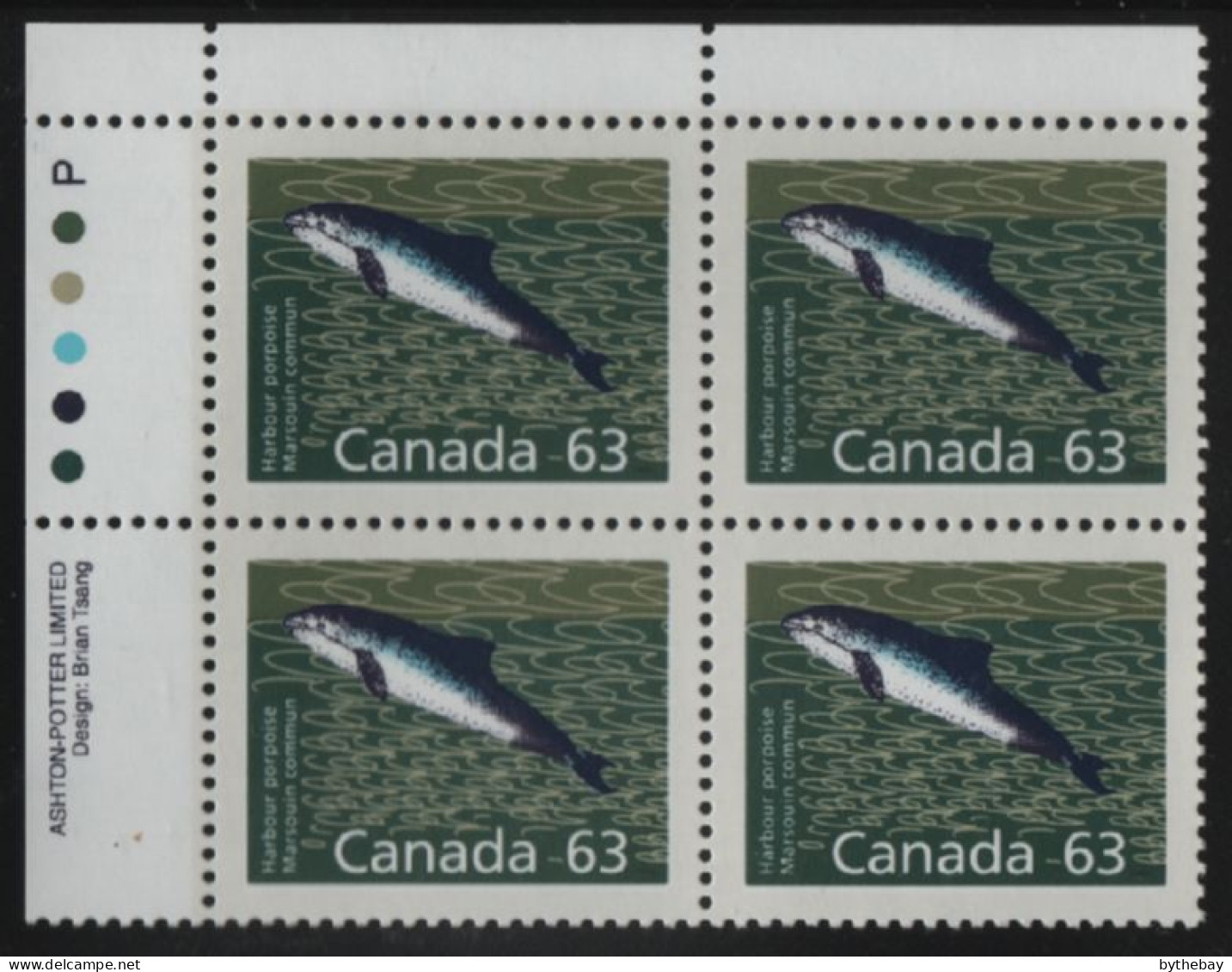 Canada 1988-92 MNH Sc 1176a 63c Harbour Porpoise UL Plate Block - Plattennummern & Inschriften