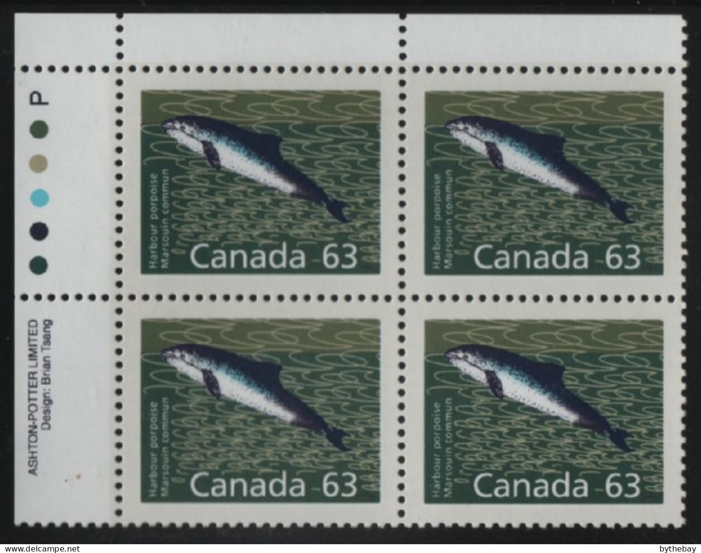 Canada 1988-92 MNH Sc 1176a 63c Harbour Porpoise UL Plate Block - Plate Number & Inscriptions