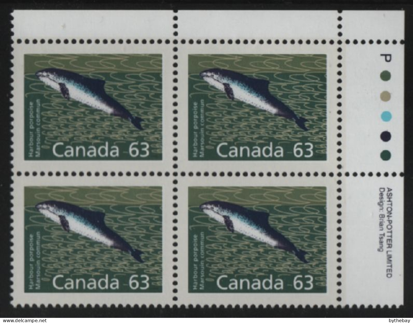 Canada 1988-92 MNH Sc 1176a 63c Harbour Porpoise UR Plate Block - Plattennummern & Inschriften