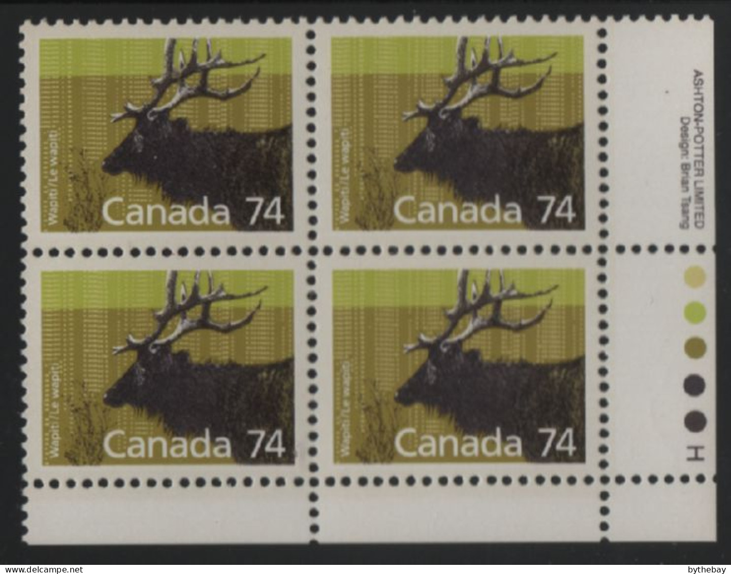 Canada 1988-92 MNH Sc 1177 74c Wapiti LR Plate Block - Plate Number & Inscriptions