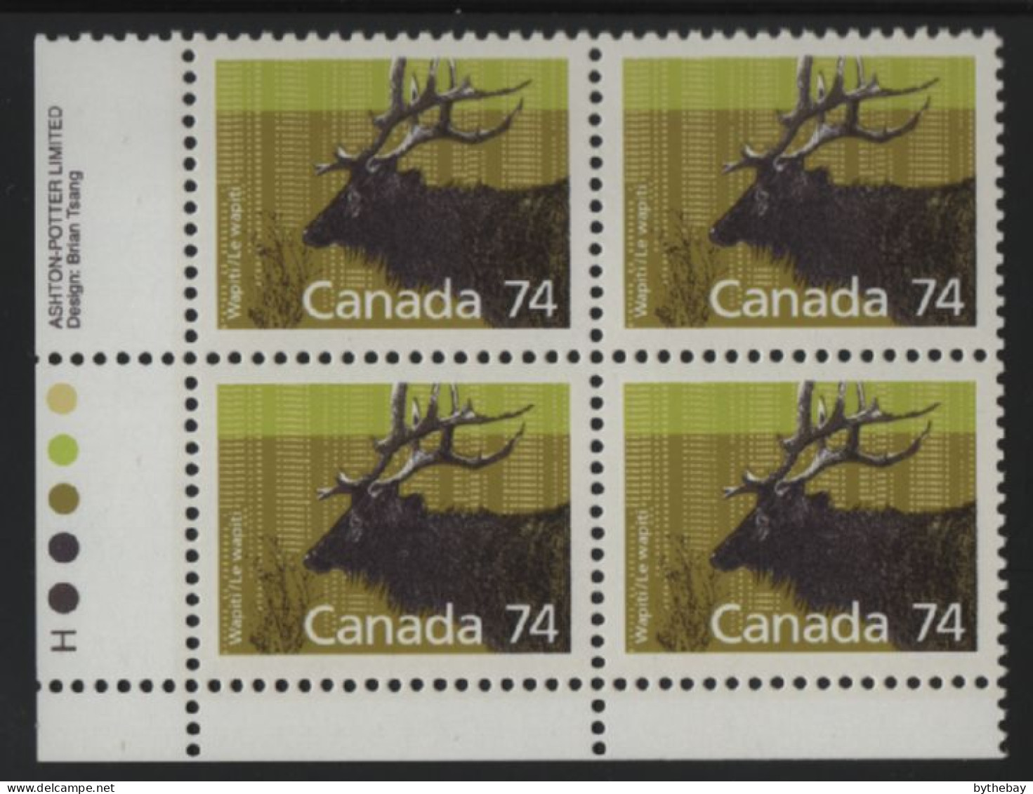 Canada 1988-92 MNH Sc 1177 74c Wapiti LL Plate Block - Num. Planches & Inscriptions Marge