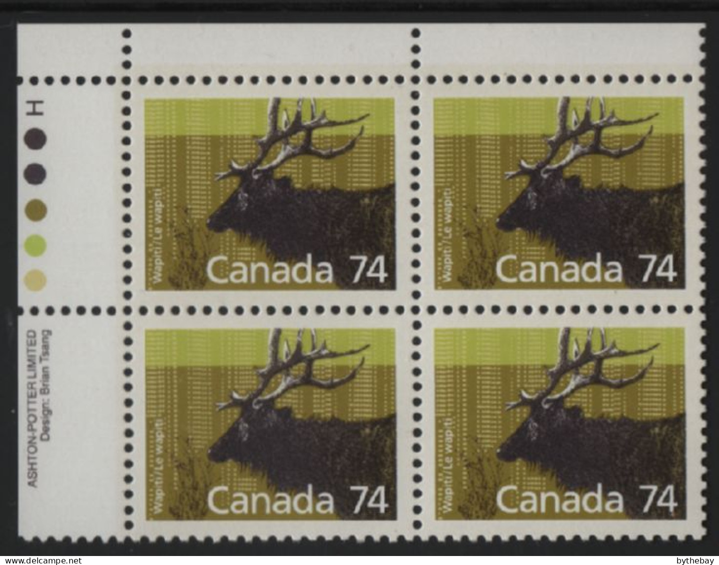 Canada 1988-92 MNH Sc 1177 74c Wapiti UL Plate Block - Plate Number & Inscriptions