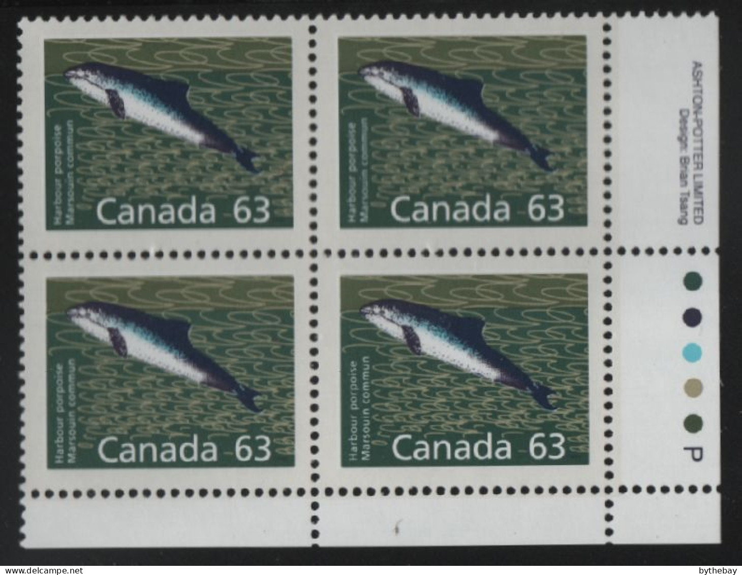 Canada 1988-92 MNH Sc 1176a 63c Harbour Porpoise LR Plate Block - Plattennummern & Inschriften