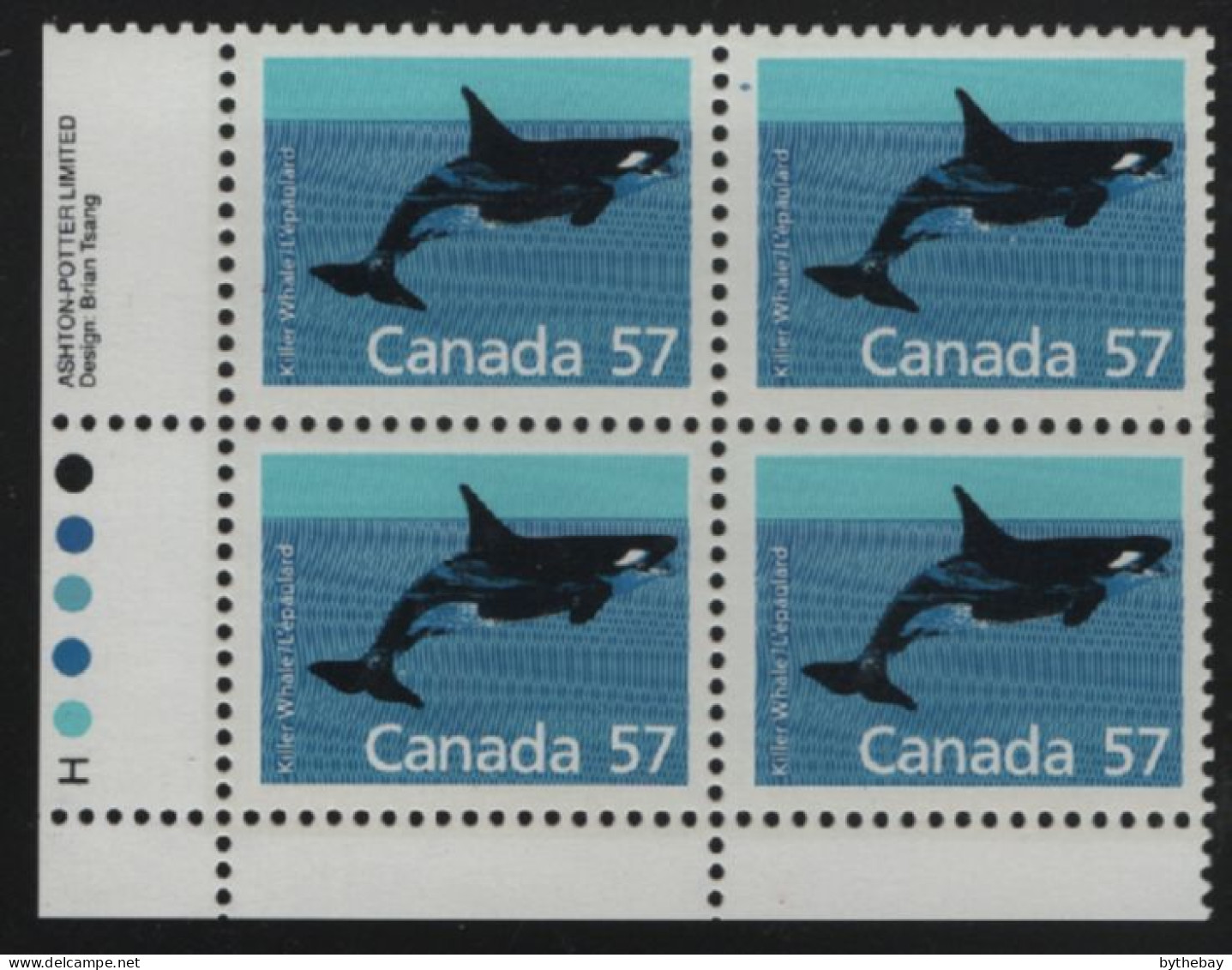 Canada 1988-92 MNH Sc 1173i 57c Killer Whale LL Plate Block - Plattennummern & Inschriften