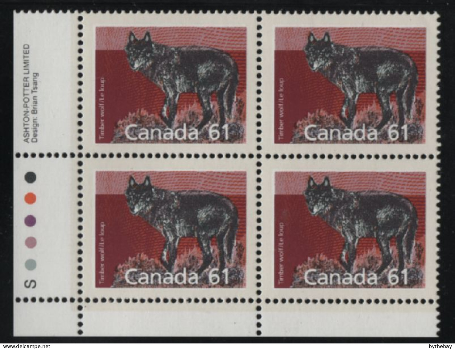 Canada 1988-92 MNH Sc 1175 61c Timber Wolf LL Plate Block - Plattennummern & Inschriften