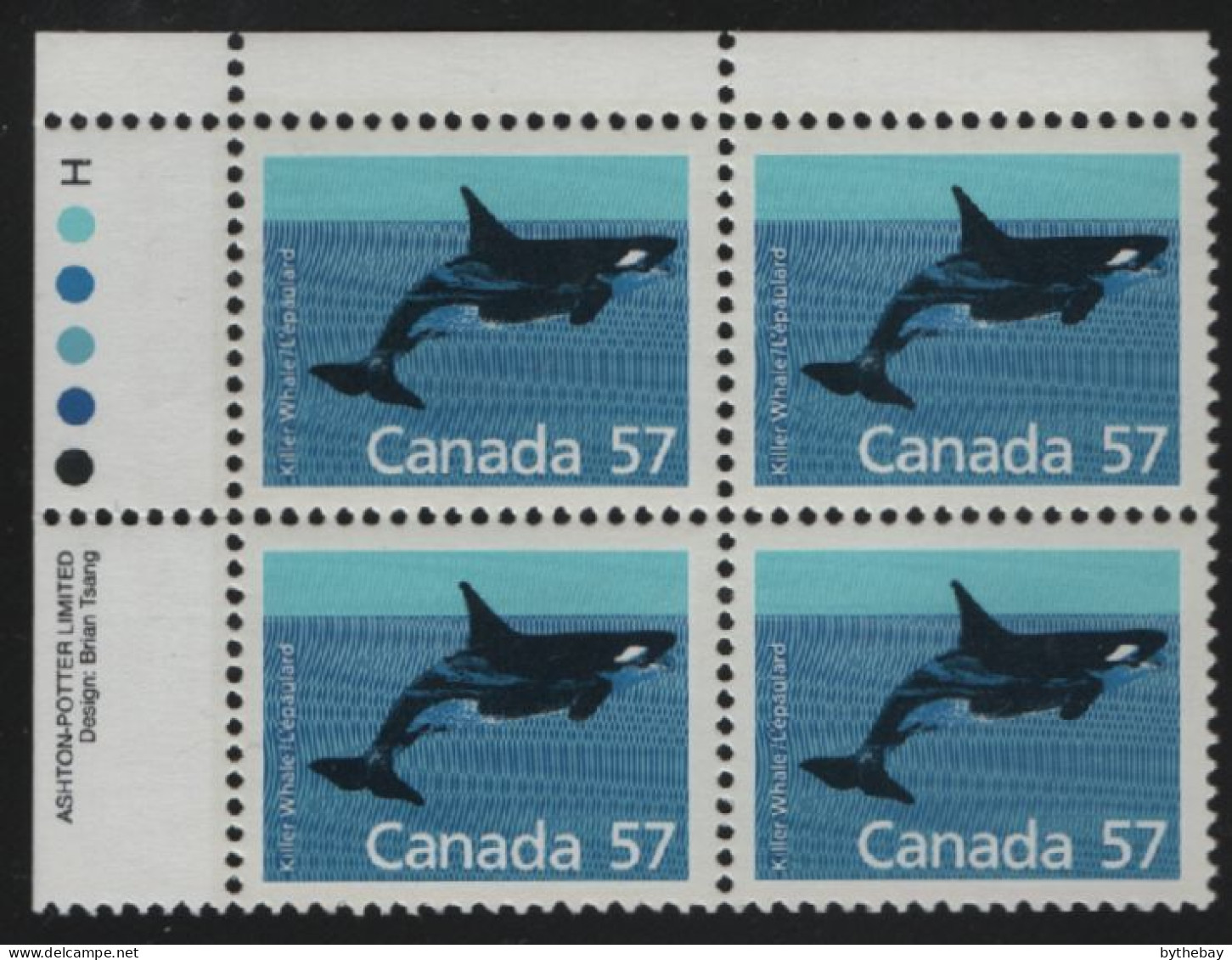 Canada 1988-92 MNH Sc 1173i 57c Killer Whale UL Plate Block - Plattennummern & Inschriften