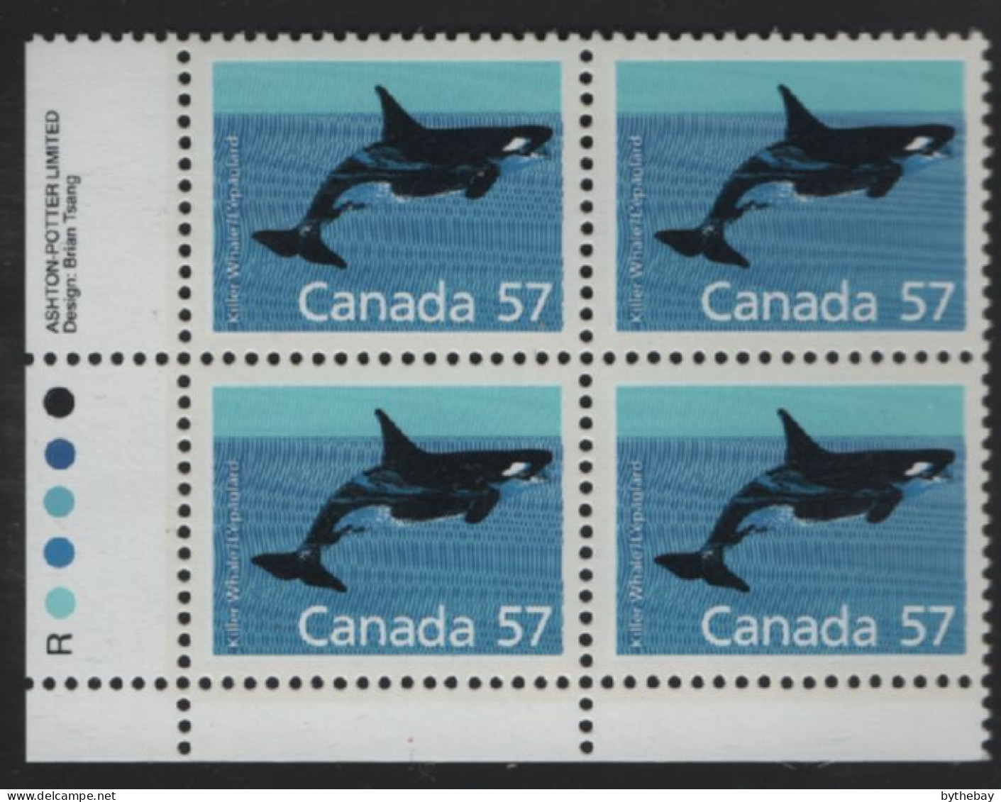 Canada 1988-92 MNH Sc 1173 57c Killer Whale LL Plate Block - Plattennummern & Inschriften