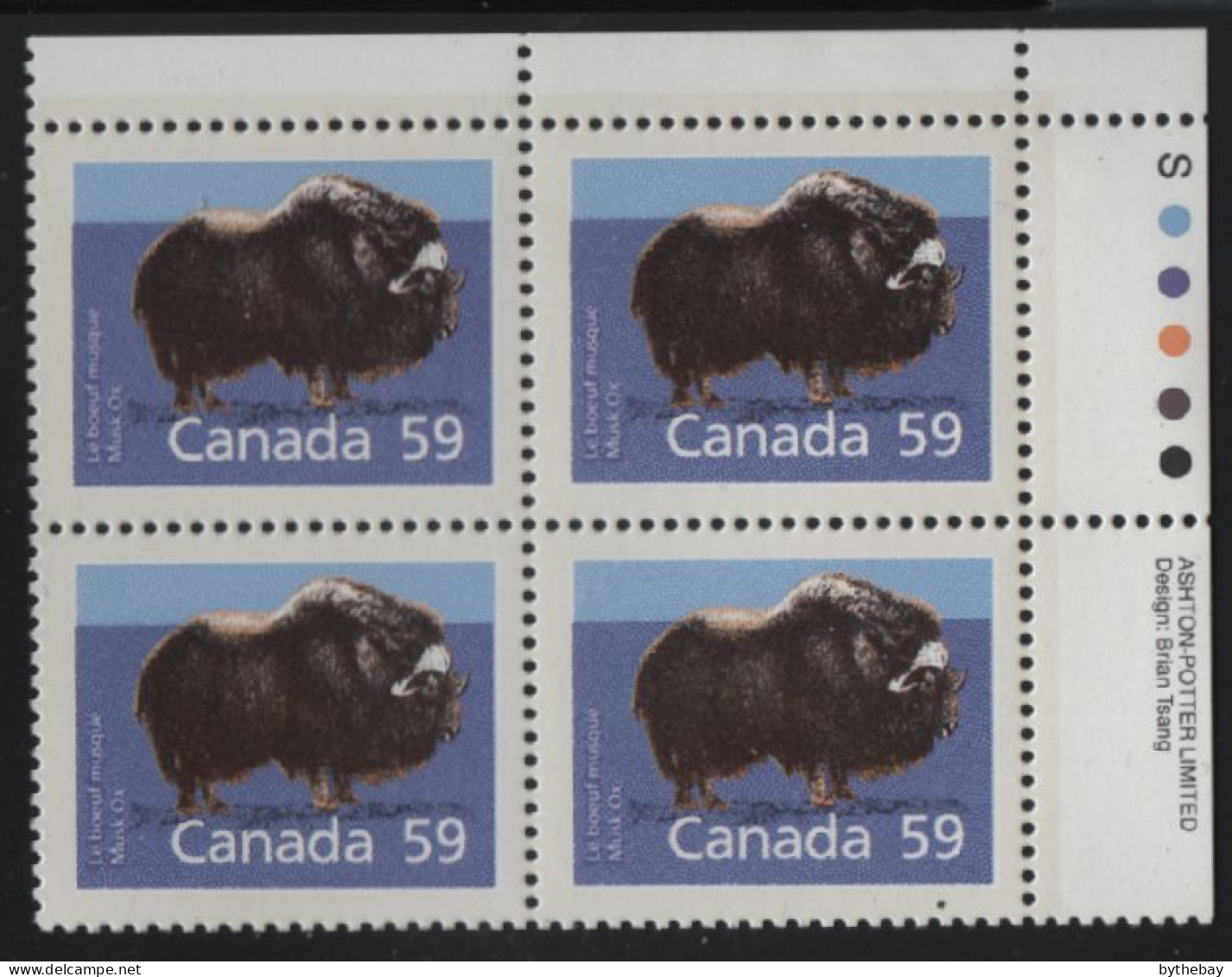 Canada 1988-92 MNH Sc 1174a 59c Musk Ox UR Plate Block - Plate Number & Inscriptions