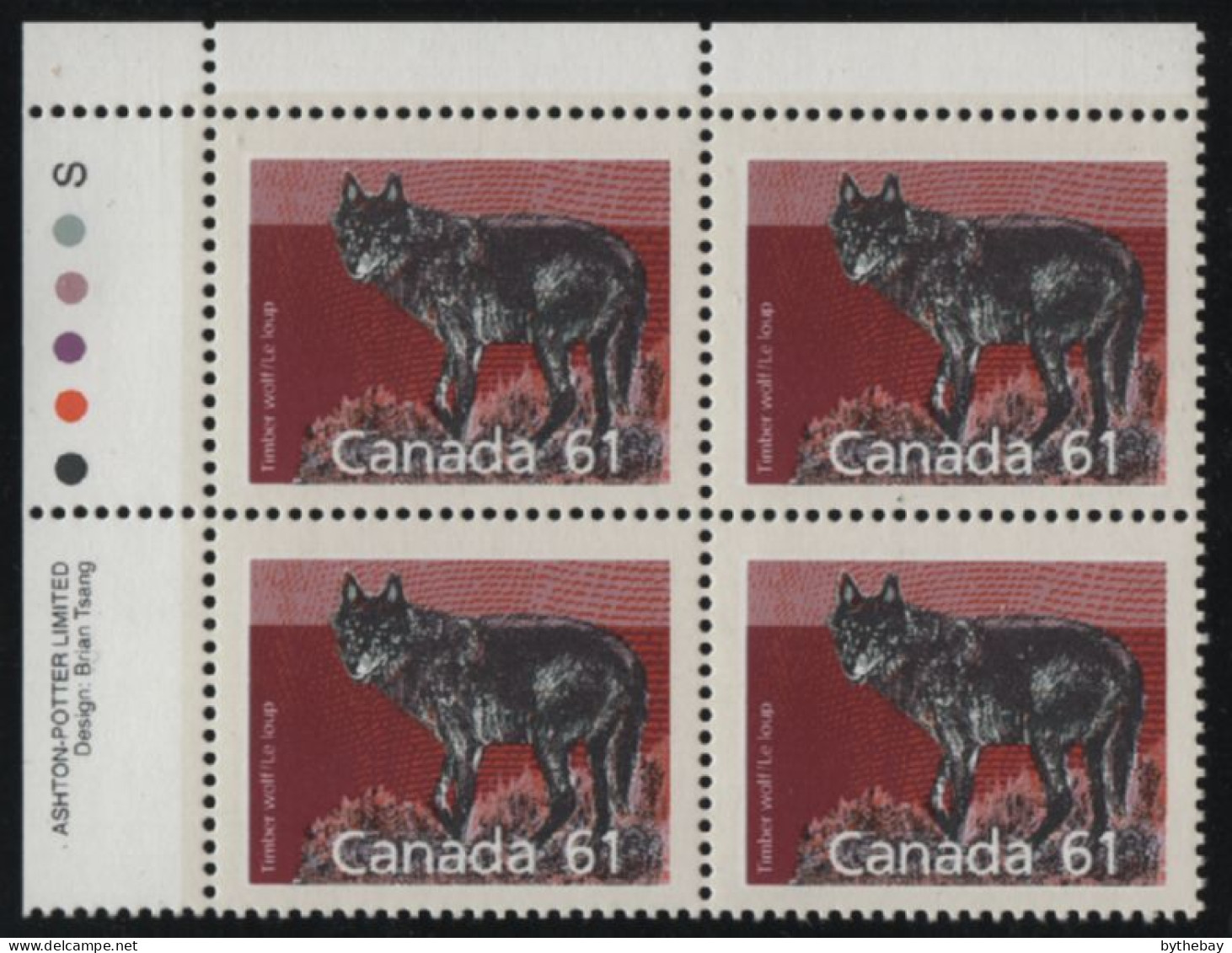 Canada 1988-92 MNH Sc 1175 61c Timber Wolf UL Plate Block - Plate Number & Inscriptions