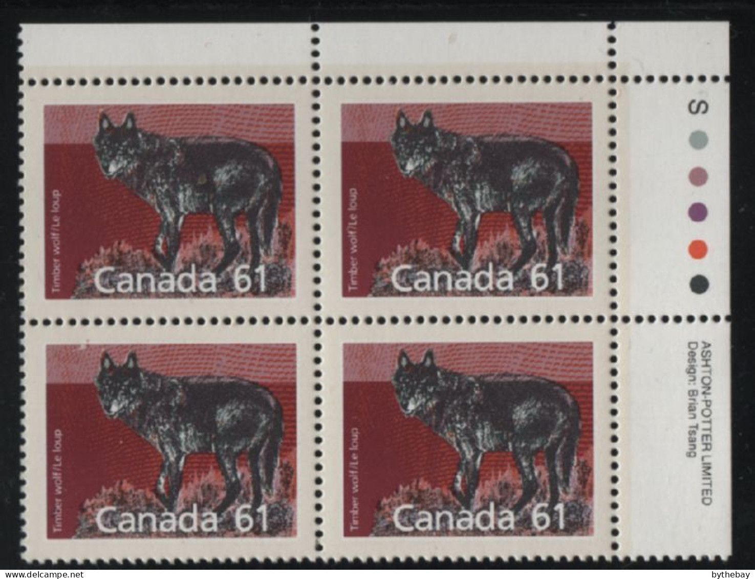 Canada 1988-92 MNH Sc 1175 61c Timber Wolf UR Plate Block - Plattennummern & Inschriften