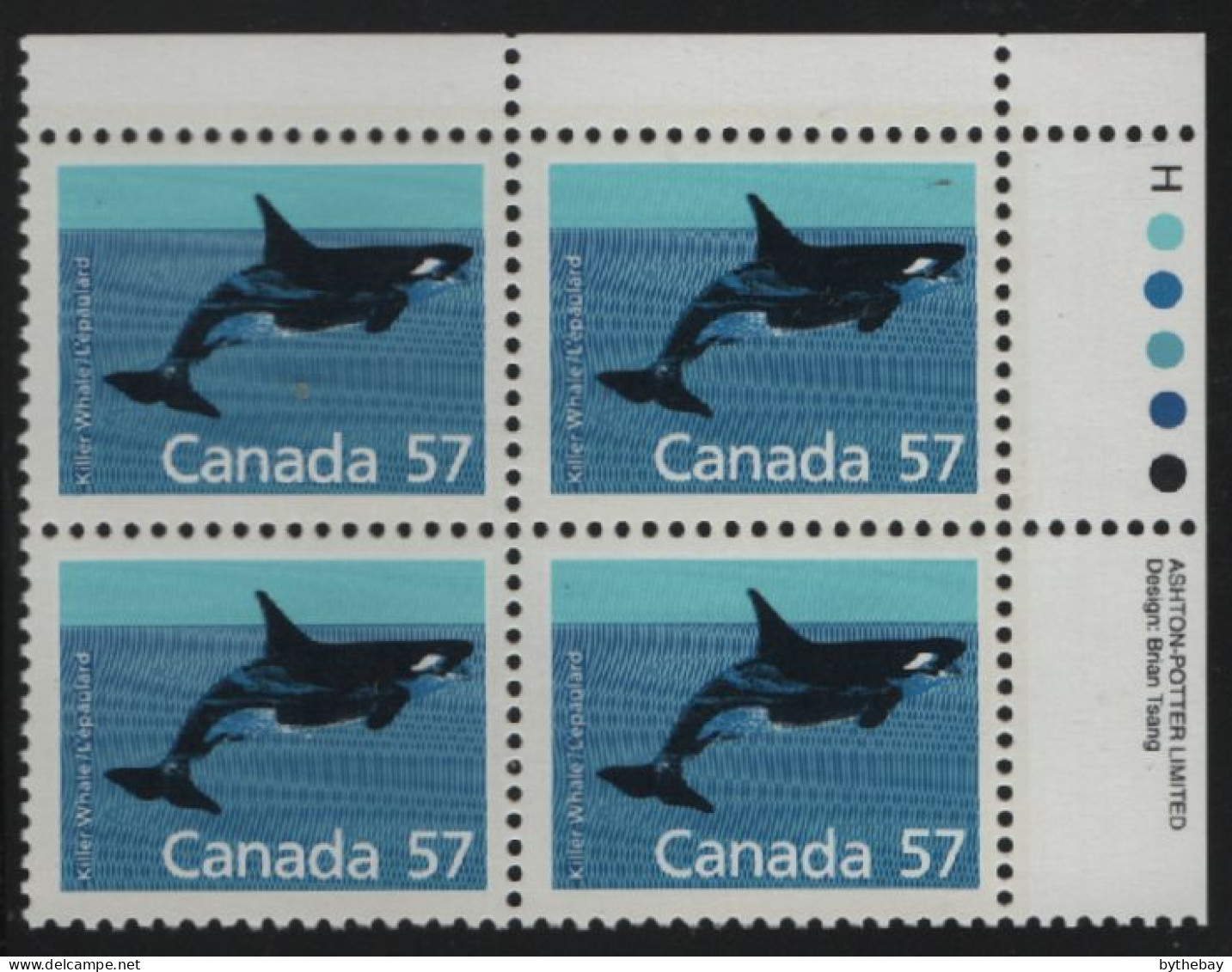 Canada 1988-92 MNH Sc 1173i 57c Killer Whale UR Plate Block - Plattennummern & Inschriften