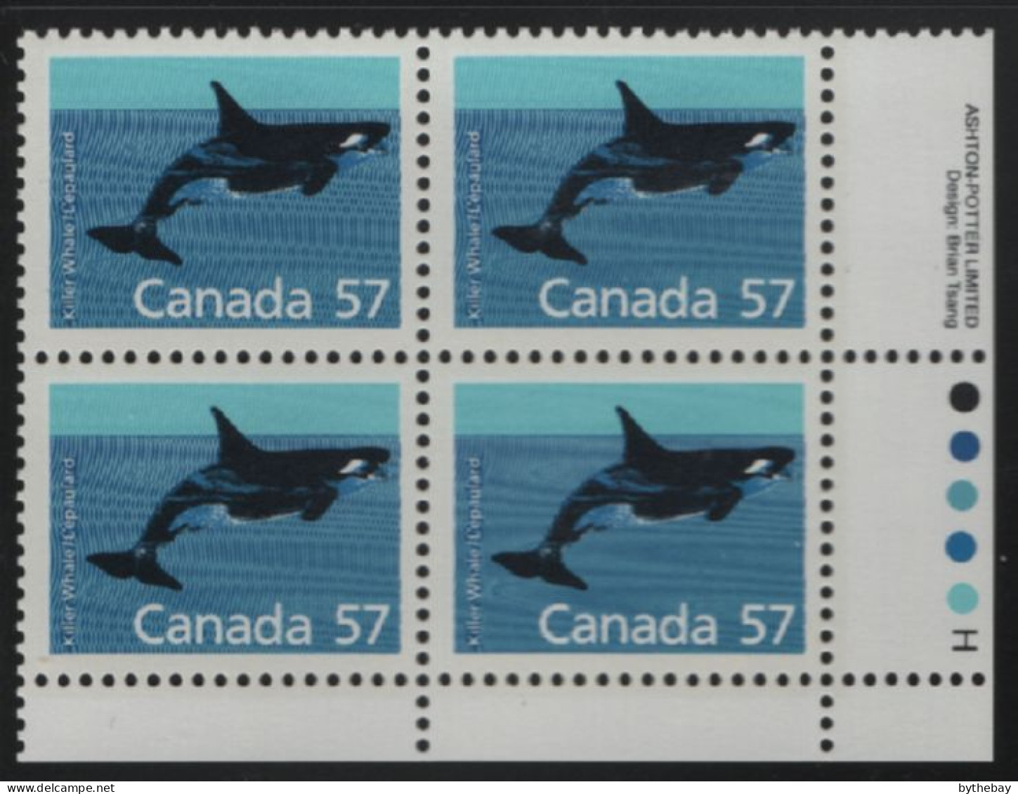 Canada 1988-92 MNH Sc 1173i 57c Killer Whale LR Plate Block - Num. Planches & Inscriptions Marge