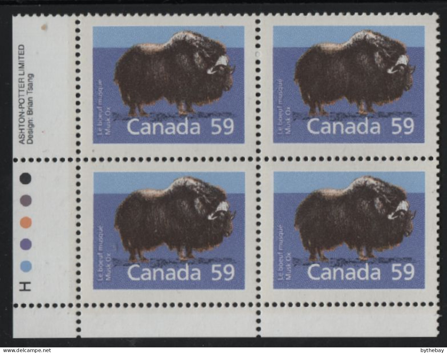 Canada 1988-92 MNH Sc 1174 59c Musk Ox LL Plate Block - Plate Number & Inscriptions