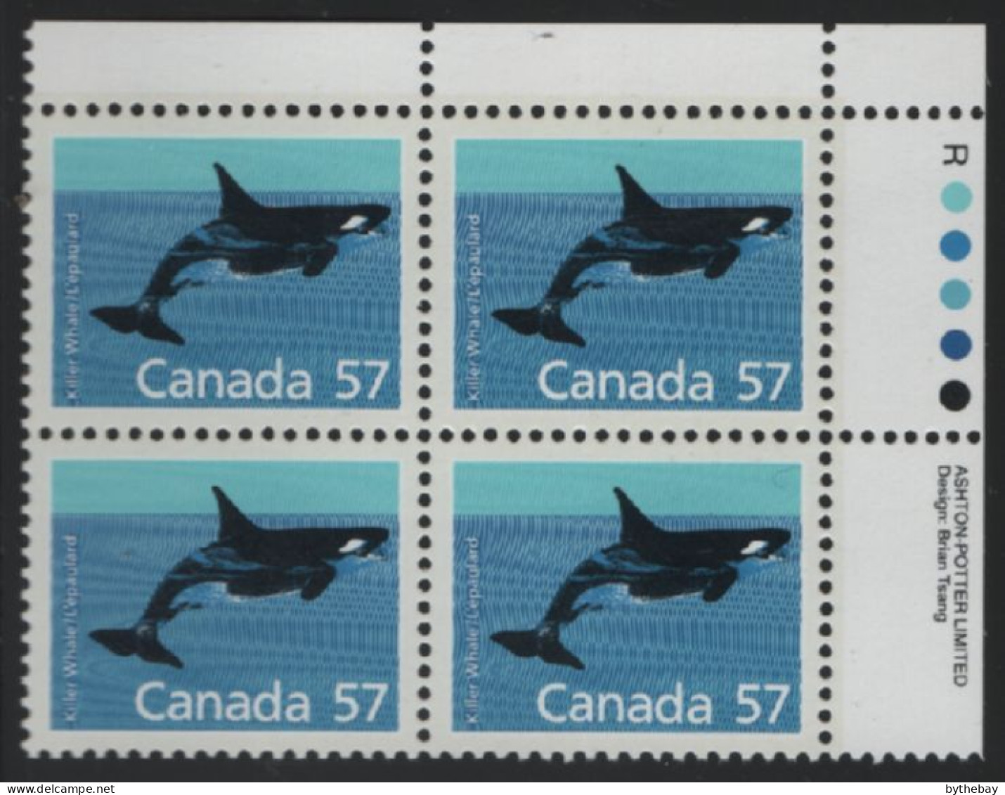 Canada 1988-92 MNH Sc 1173 57c Killer Whale UR Plate Block - Num. Planches & Inscriptions Marge