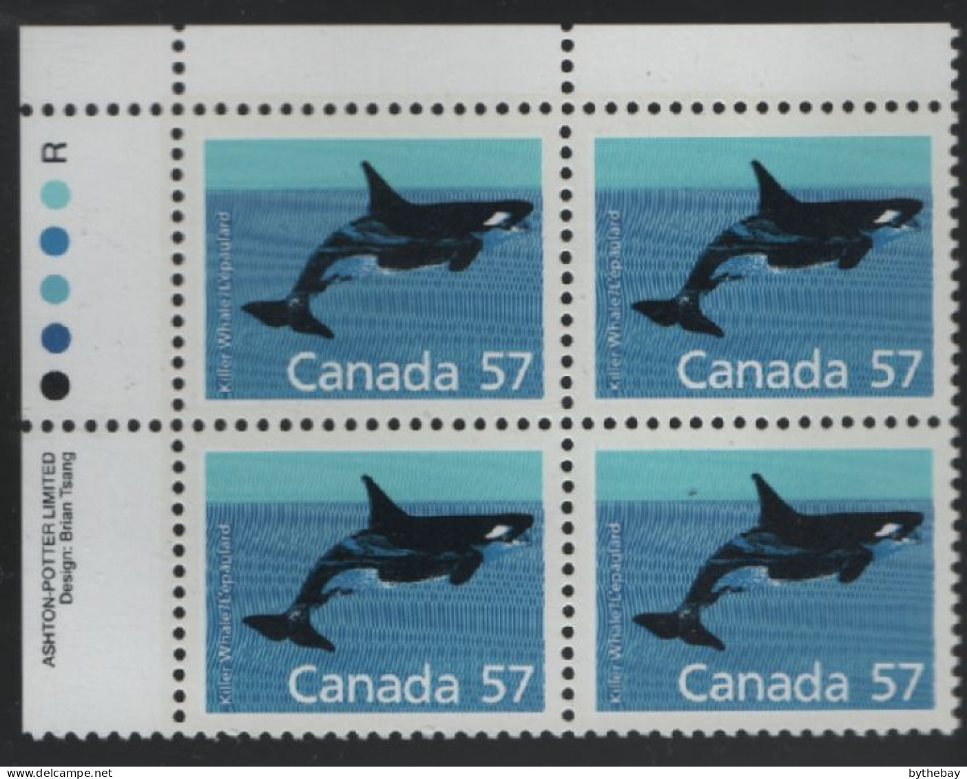 Canada 1988-92 MNH Sc 1173 57c Killer Whale UL Plate Block - Plate Number & Inscriptions