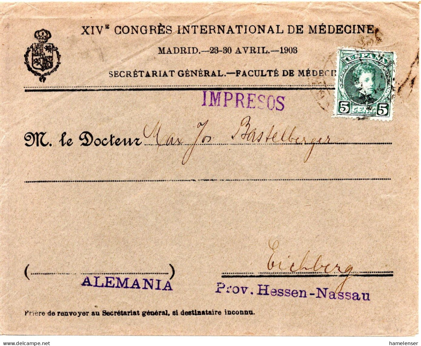 68195 - Spanien - 1903 - 5c EF A DrucksBf MADRID -> Deutschland, Abs Sekretariat D 14. Int Aerztekongresses - Geneeskunde