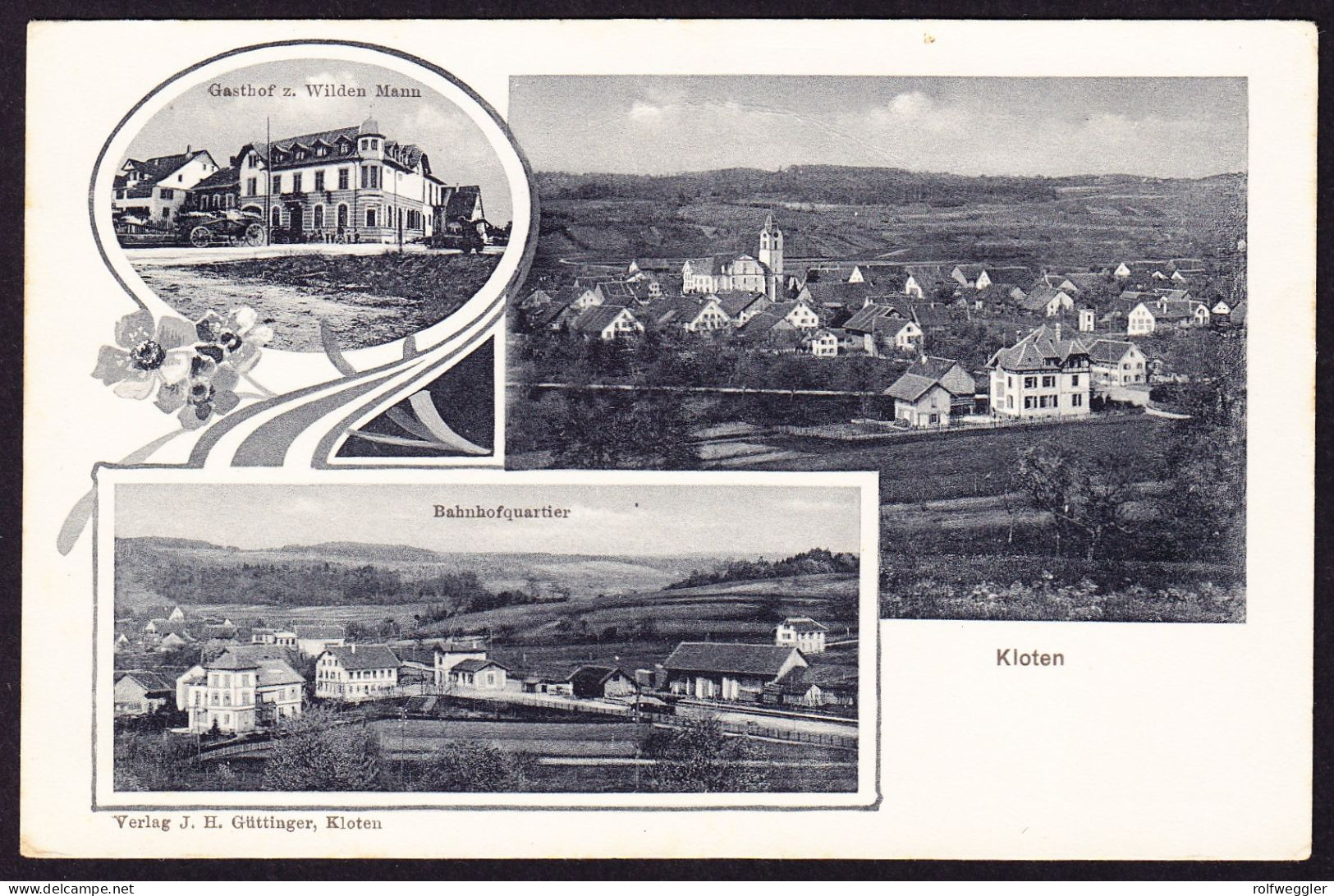 Um 1920 Ungelaufene AK, 3 Bildrig Mit Gasthof Zum Wilden Mann Und Bahnhof Quartier, Kloten. Rückseitig Etwas Unfrisch - Kloten