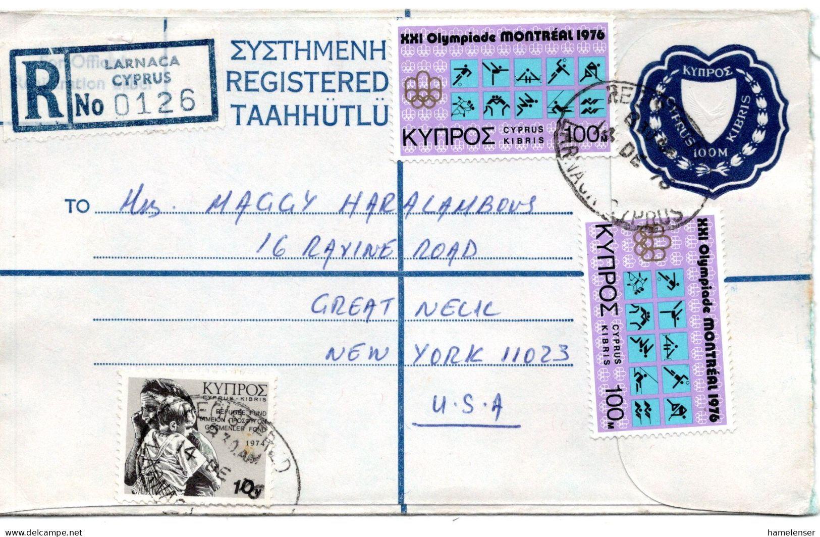 68196 - Zypern - 1976 - 100M GA-R-Umschlag M ZusFrankatur LARNACA -> GREAT NECK, NY (USA) - Cartas