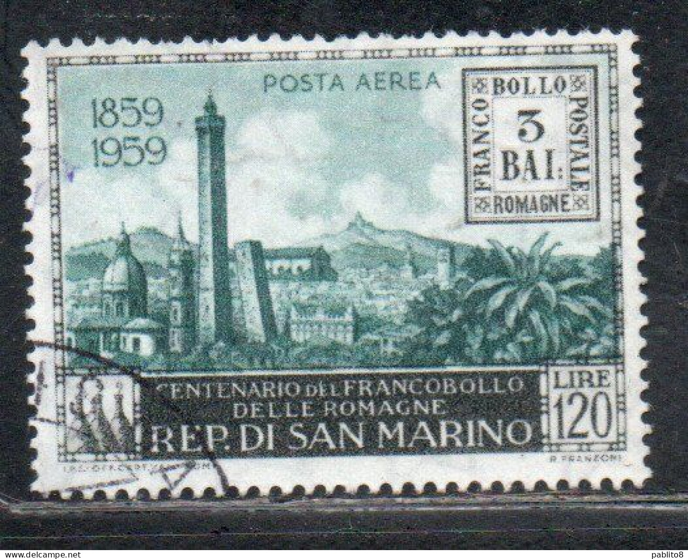 REPUBBLICA DI SAN MARINO 1959 POSTA AEREA AIR MAIL CENTENARIO FRANCOBOLLI ROMAGNE LIRE 120 USATO USED OBLITERE' - Gebruikt