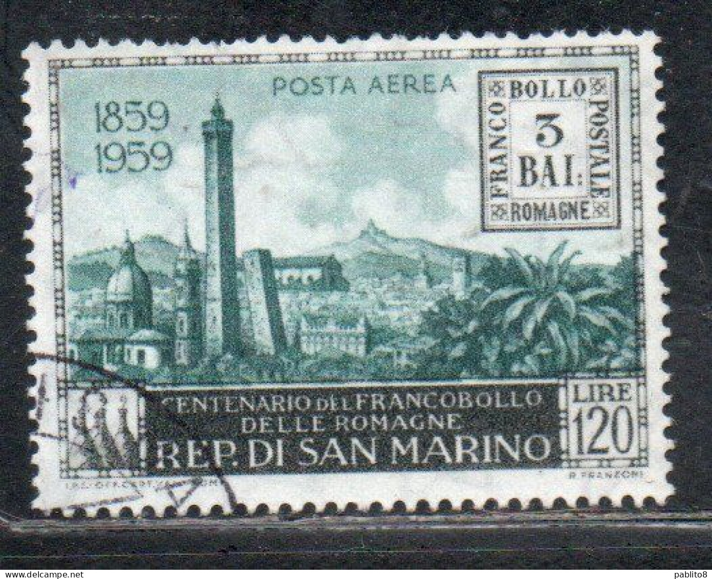 REPUBBLICA DI SAN MARINO 1959 POSTA AEREA AIR MAIL CENTENARIO FRANCOBOLLI ROMAGNE LIRE 120 USATO USED OBLITERE' - Used Stamps