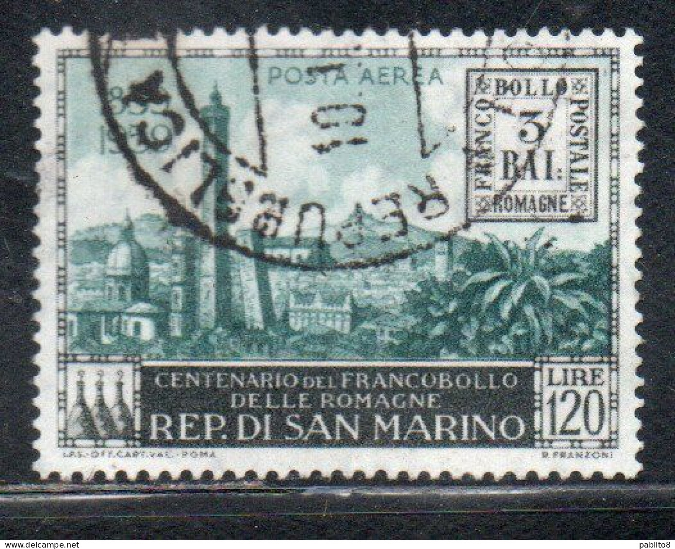 REPUBBLICA DI SAN MARINO 1959 POSTA AEREA AIR MAIL CENTENARIO FRANCOBOLLI ROMAGNE LIRE 120 USATO USED OBLITERE' - Gebruikt