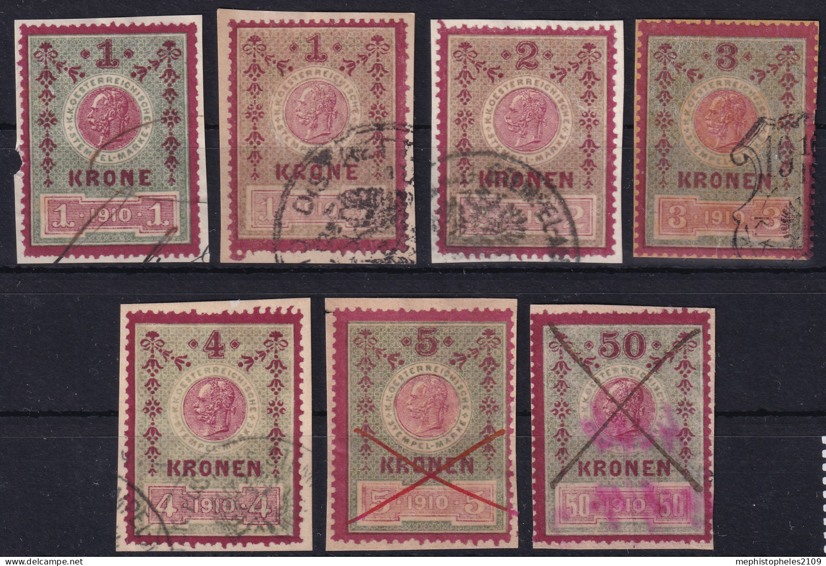 AUSTRIA 1910 - 7 Stempelmarken ... - Revenue Stamps