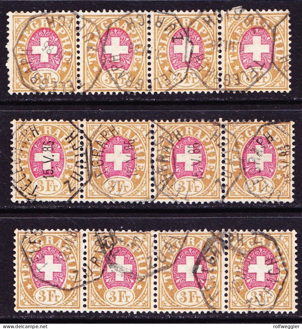 1886 3 Fr. Marken, 3  4er Streifen Mit Stempel TELEGRAPH ZÜRICH - Telegraafzegels