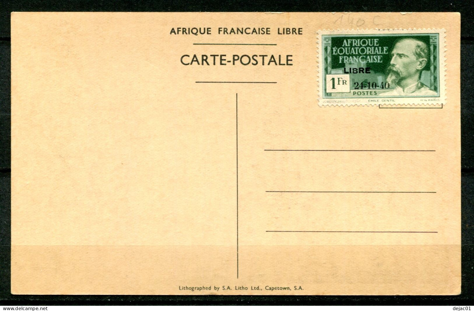 Thème Général De Gaulle - AEF Carte Timbrée Yvert 140C Surcharge 24-10-40 - Variété Du 4 Ouvert - T 1310 - De Gaulle (Général)