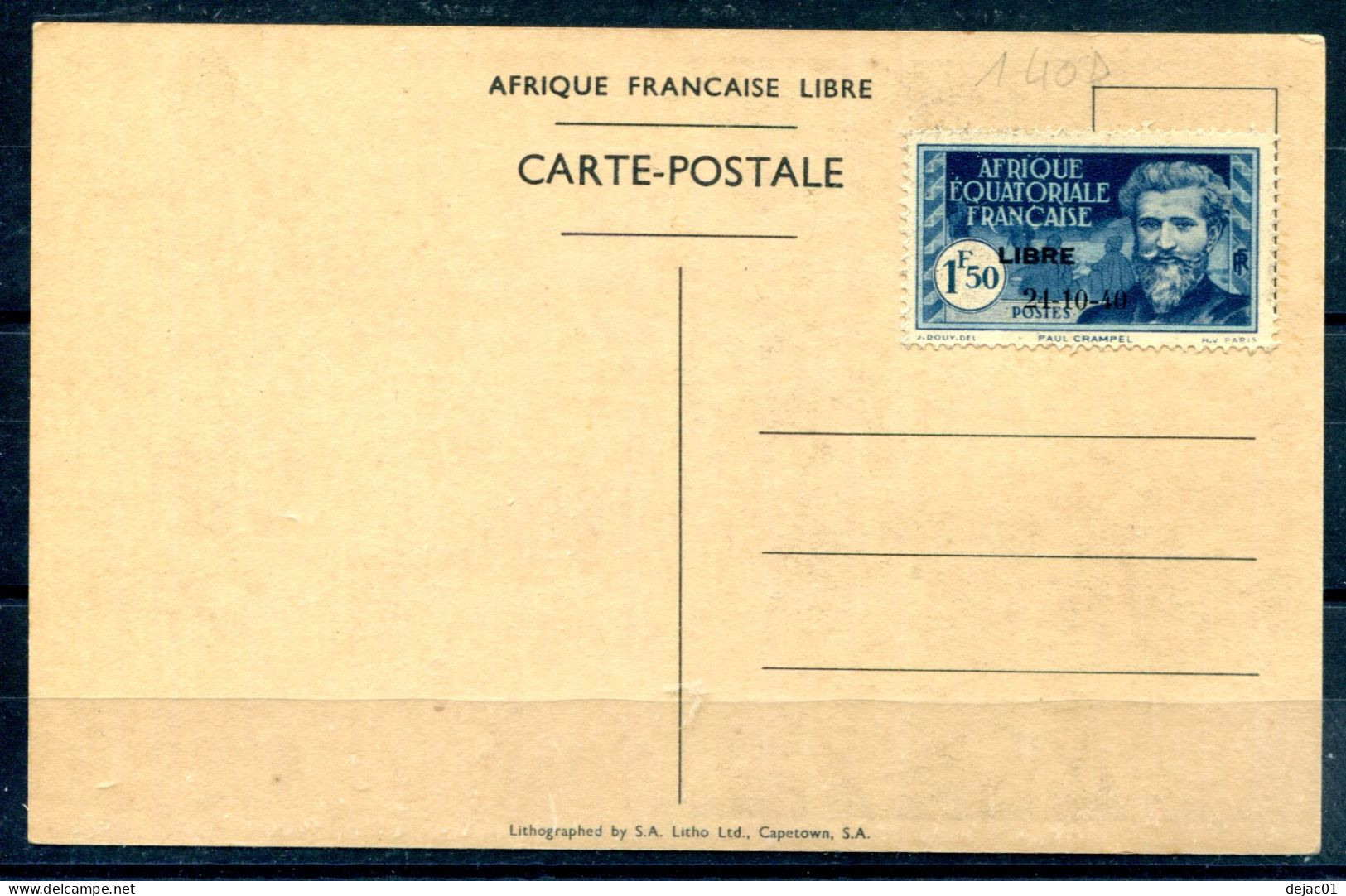 Thème Général De Gaulle - AEF Carte Timbrée Yvert 140D Surcharge 24-10-40 - Variété Du 4 Ouvert - T 1311 - De Gaulle (Général)