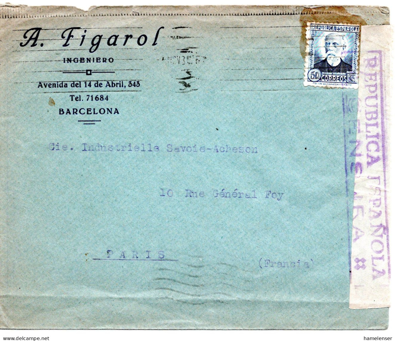 68198 - Spanien - 1936 - 50c Salmeron EF A Bf BARCELONA -> Frankreich, M Span Zensur - Lettres & Documents