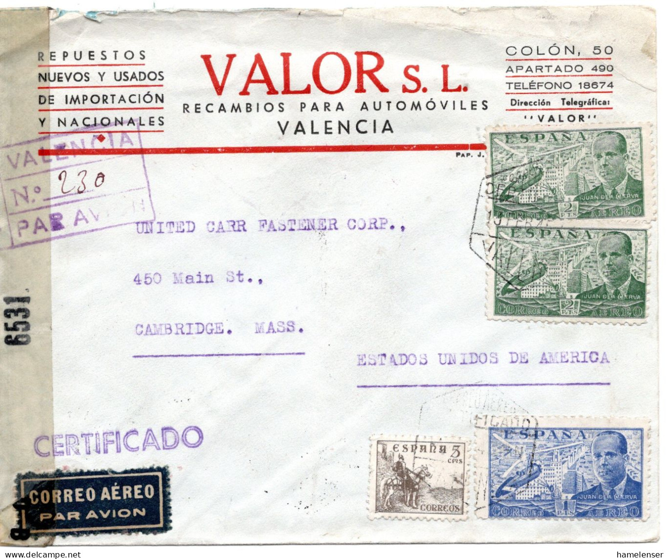 68199 - Spanien - 1945 - 2@2Ptas Luftpost MiF A R-LpBf VALENCIA -> CAMBRIDGE, MA (USA), M Span & US-Zensuren - Storia Postale