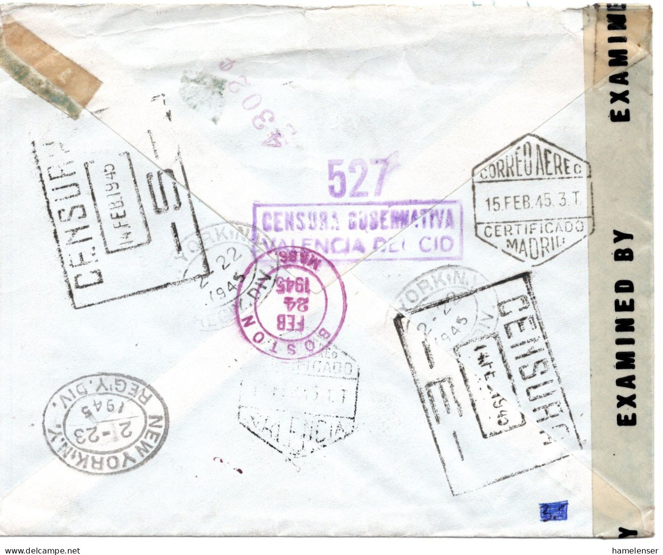 68199 - Spanien - 1945 - 2@2Ptas Luftpost MiF A R-LpBf VALENCIA -> CAMBRIDGE, MA (USA), M Span & US-Zensuren - Storia Postale